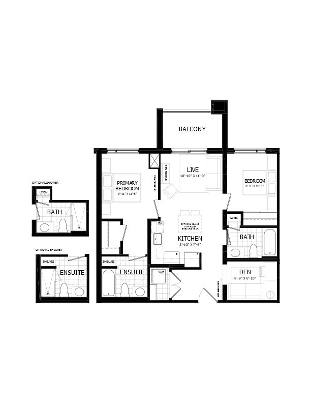 2 Bedroom + Den with Balcony - Total 938 sq.ft