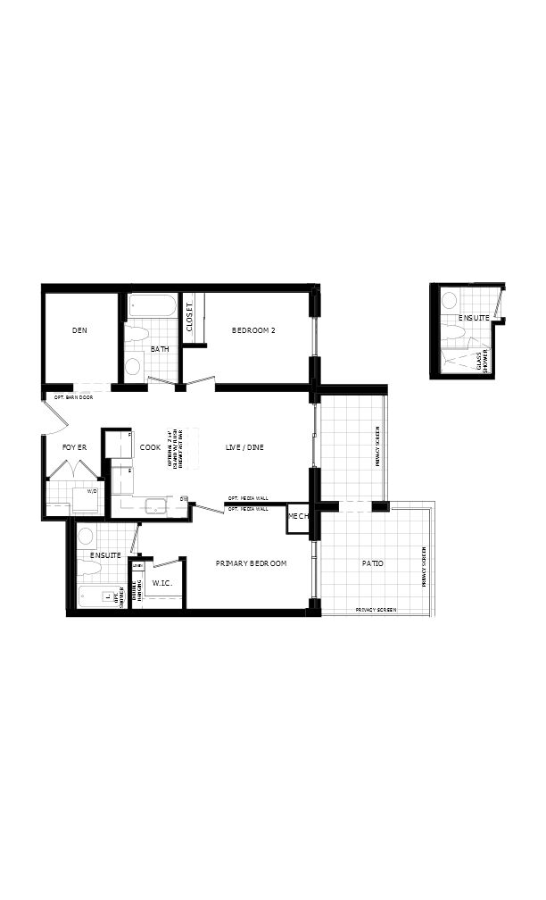 2 Bedroom + Den Floorplan with Patio - Total 863 sq.ft