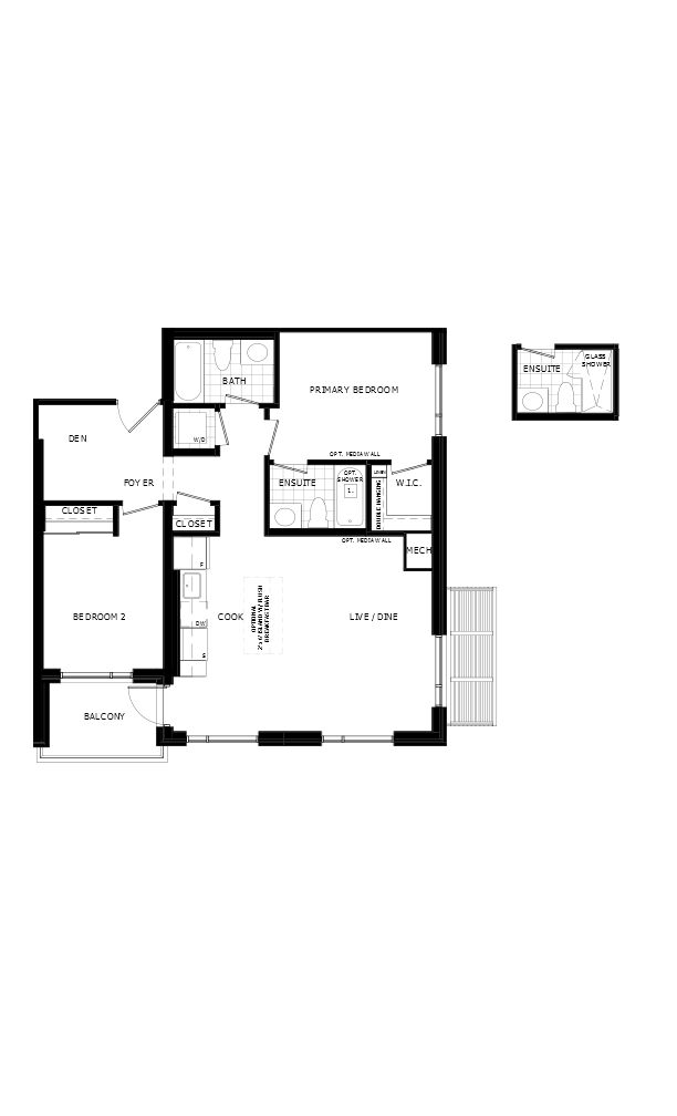 2 Bedroom + Den with Balcony - Total 962 sq.ft