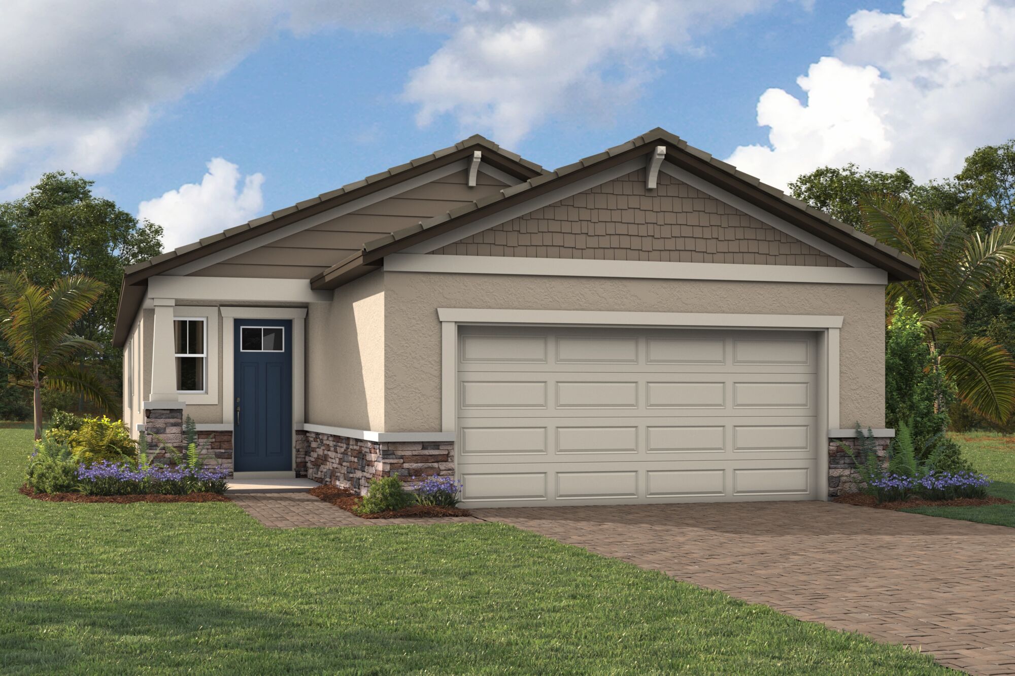  Elevation Front with garage, door, window and exterior stone