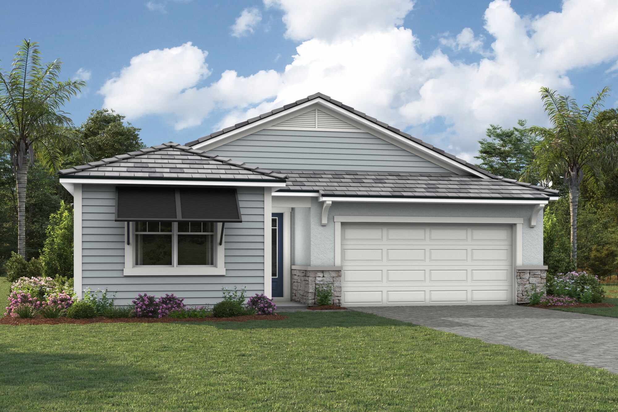  Elevation Front with garage, window, door, exterior stone and exterior clapboard