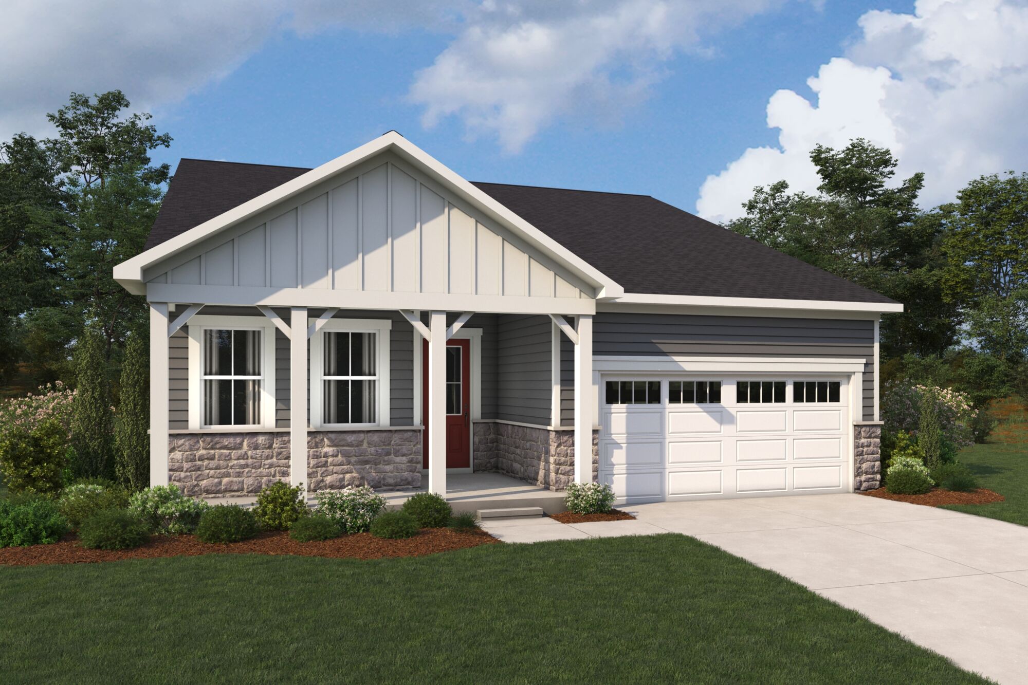  Elevation Front with garage, window, exterior stone and exterior clapboard