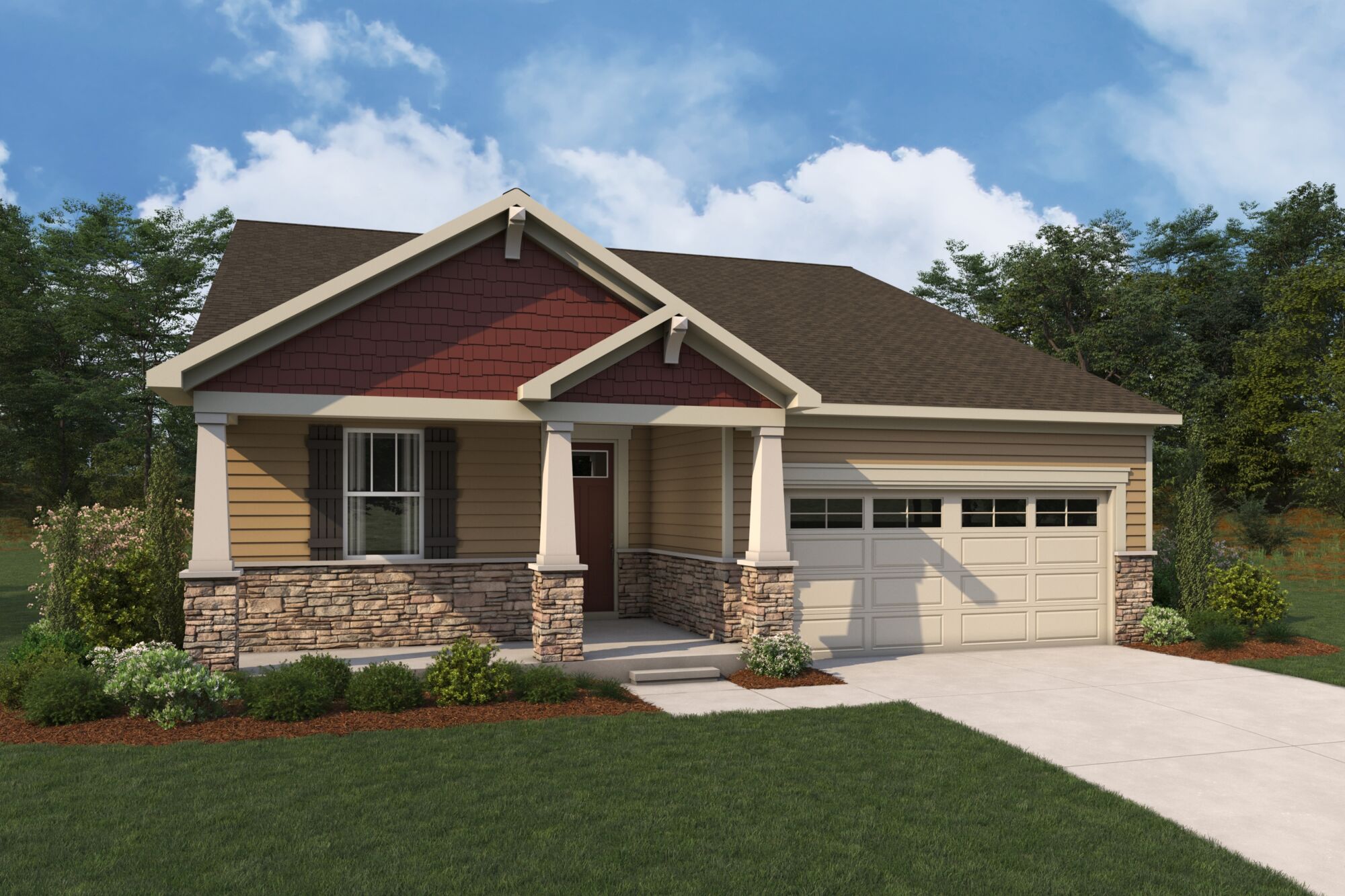  Elevation Front with garage, window, door and exterior stone