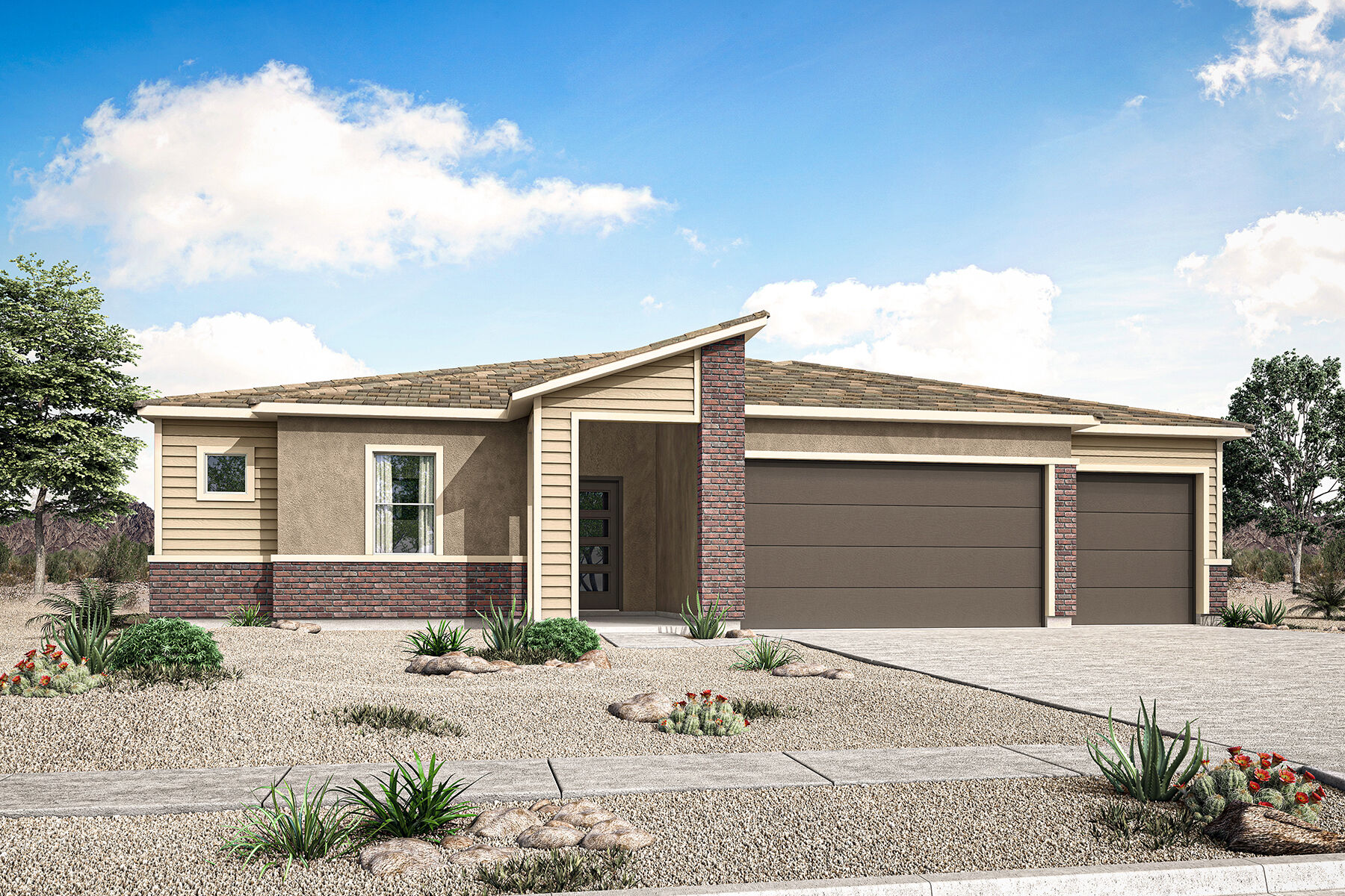  Elevation Front with garage, window, door, exterior brick, exterior stone and exterior clapboard