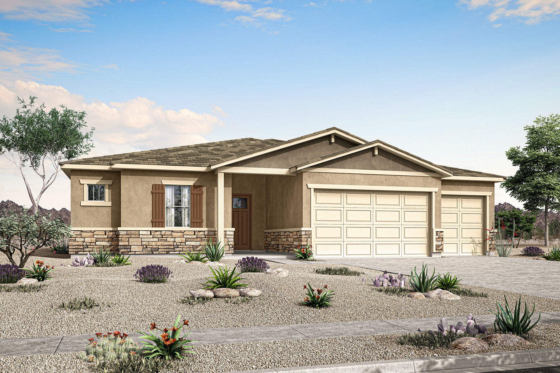  Elevation Front with window, garage, door and exterior stone