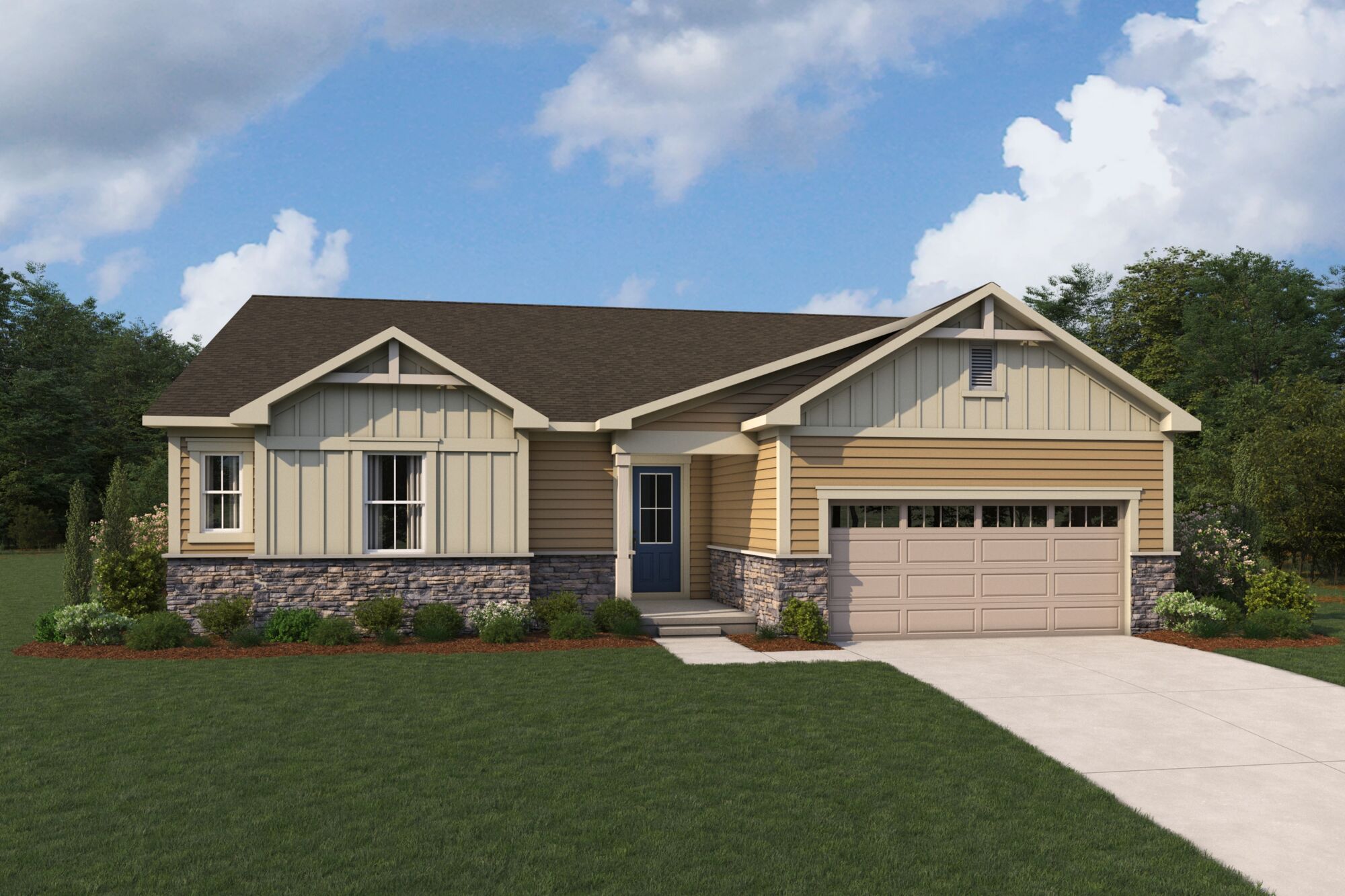  Elevation Front with garage, window, door and exterior stone