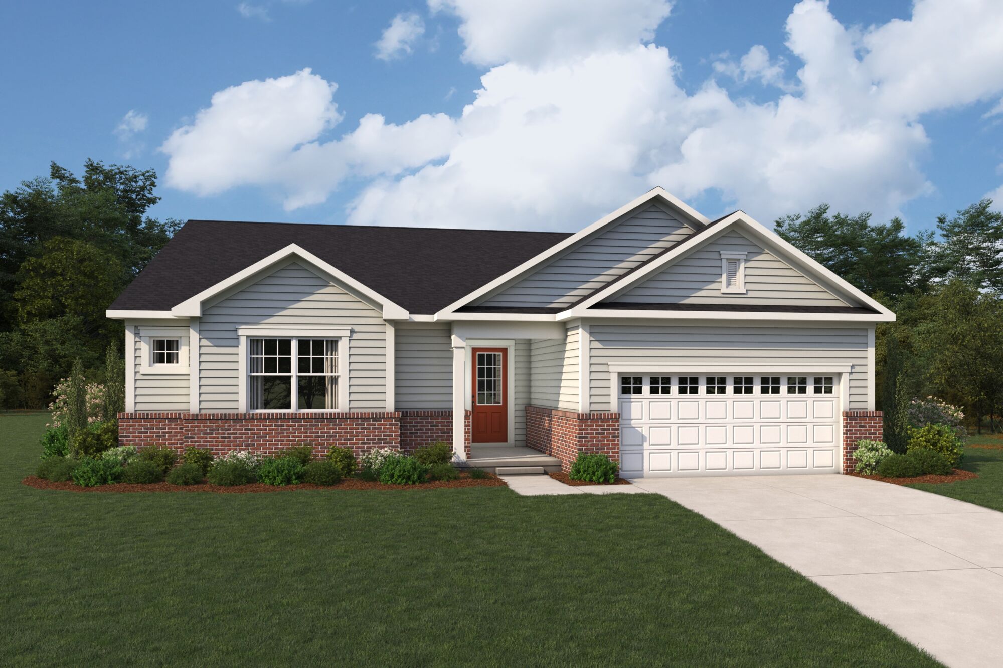  Elevation Front with window, garage, door and exterior brick