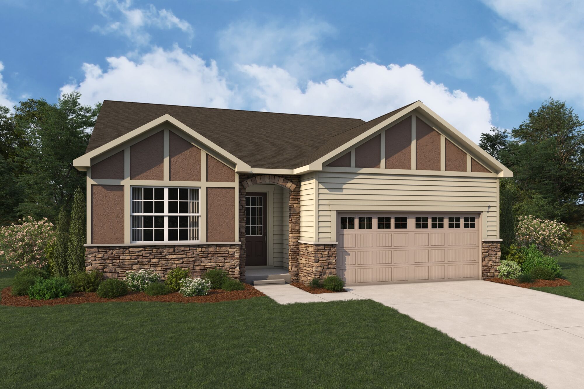  Elevation Front with garage, window, door, exterior stone, exterior clapboard and exterior brick