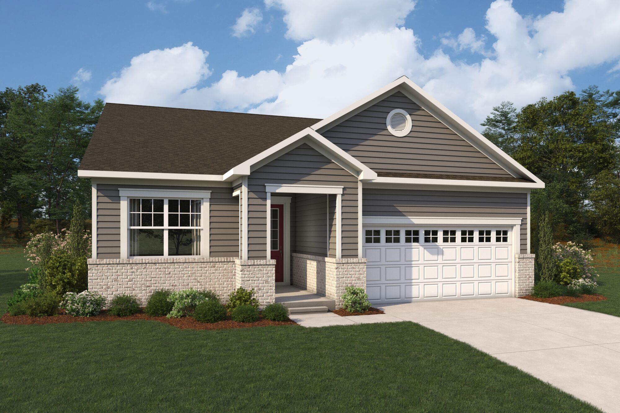  Elevation Front with garage, window, door, exterior stone, exterior clapboard and exterior brick