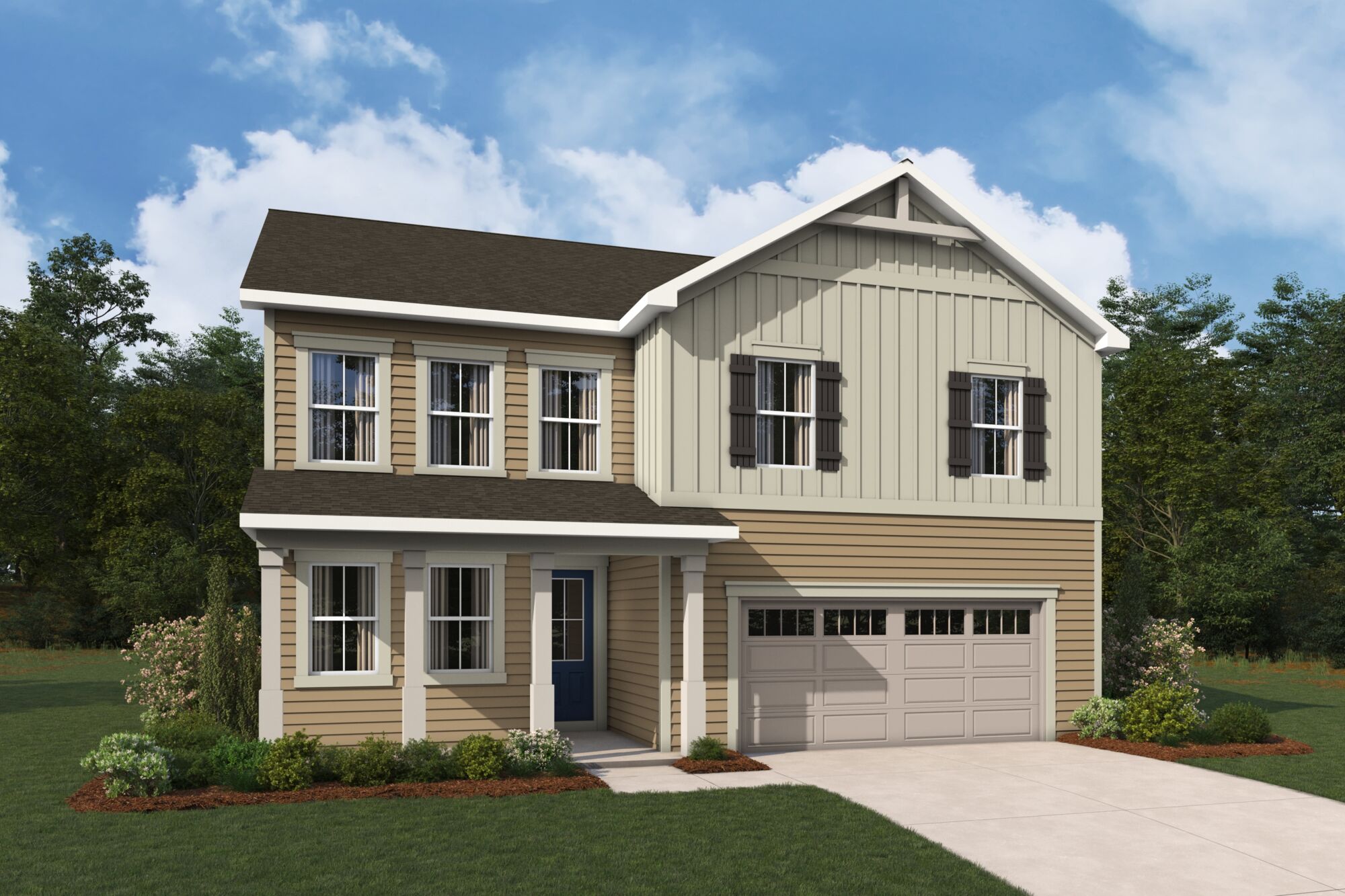  Elevation Front with garage, window, door and exterior clapboard