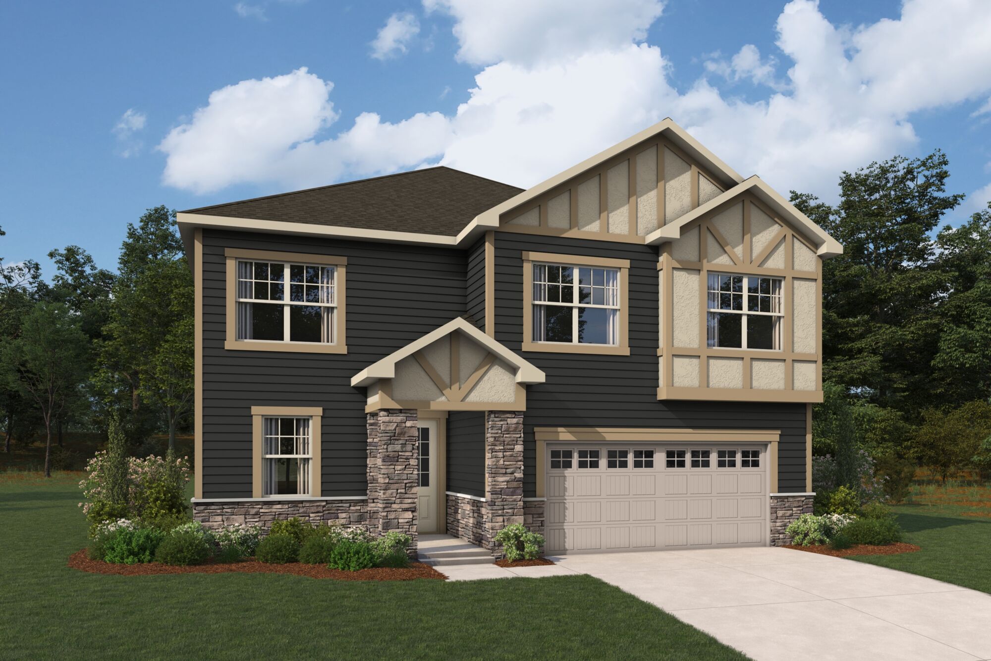  Elevation Front with window, garage, exterior stone and exterior clapboard