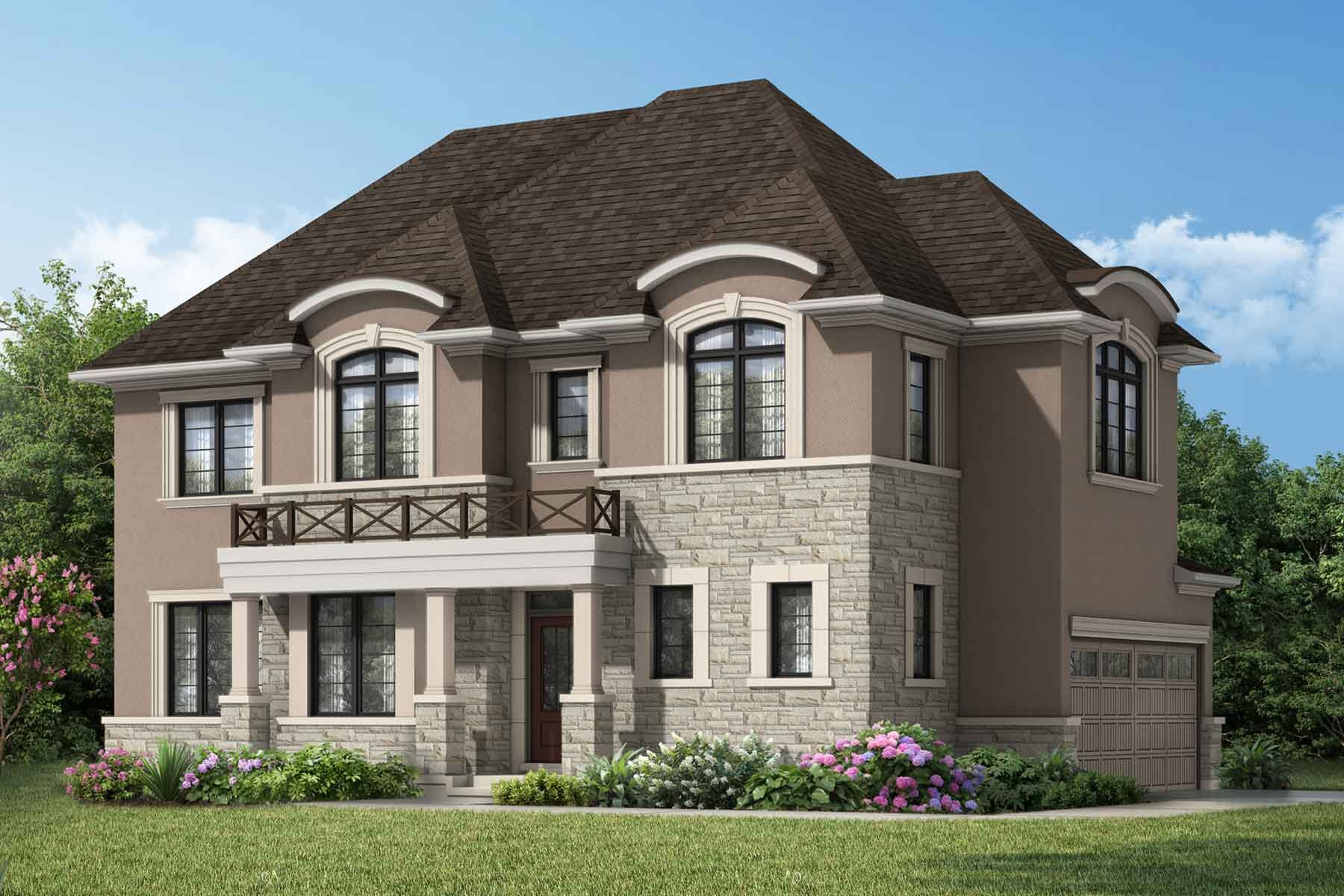 Elevation Front with window, garage, door and exterior stone