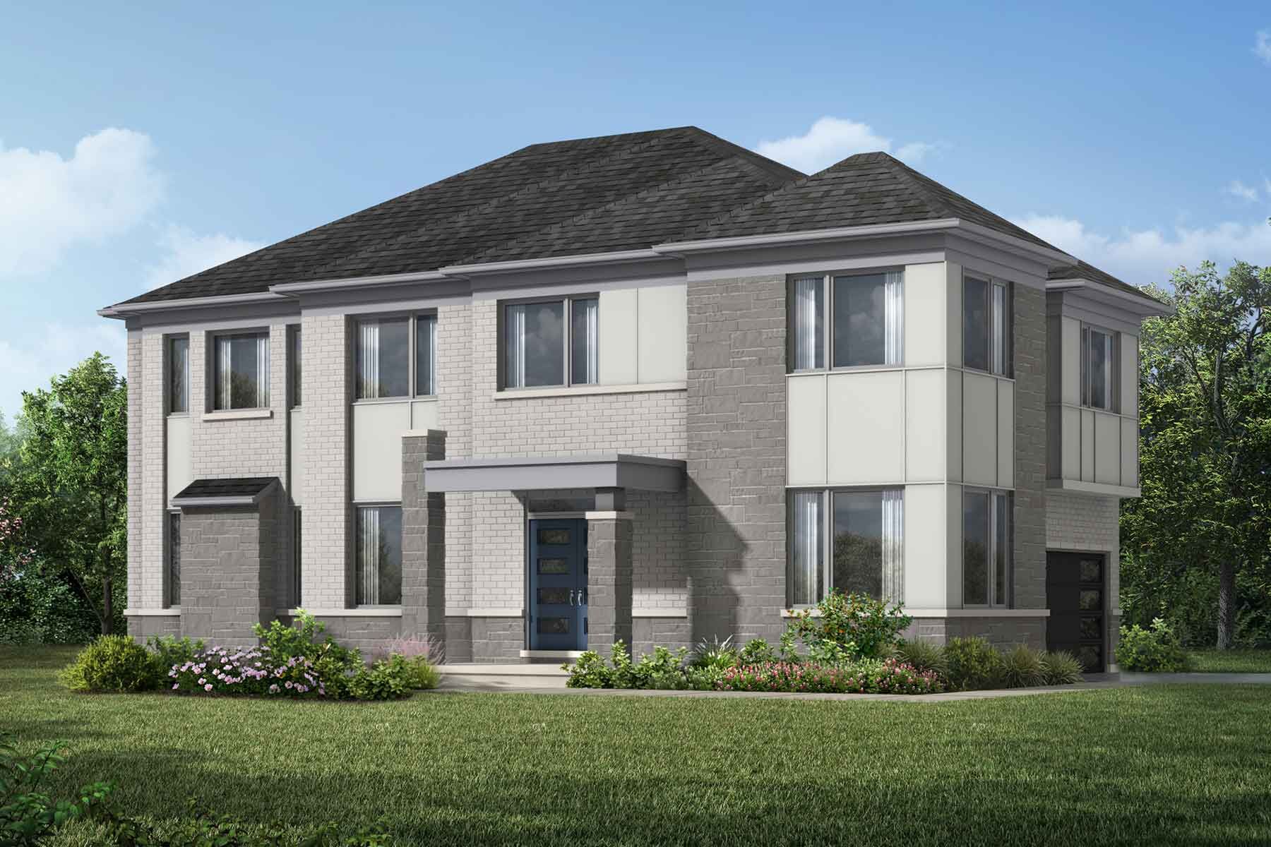 Transitional elevation for Arthur Corner with double garage to the right and blue front doors on the corner. Lots of windows, light brick and a dark roof.
