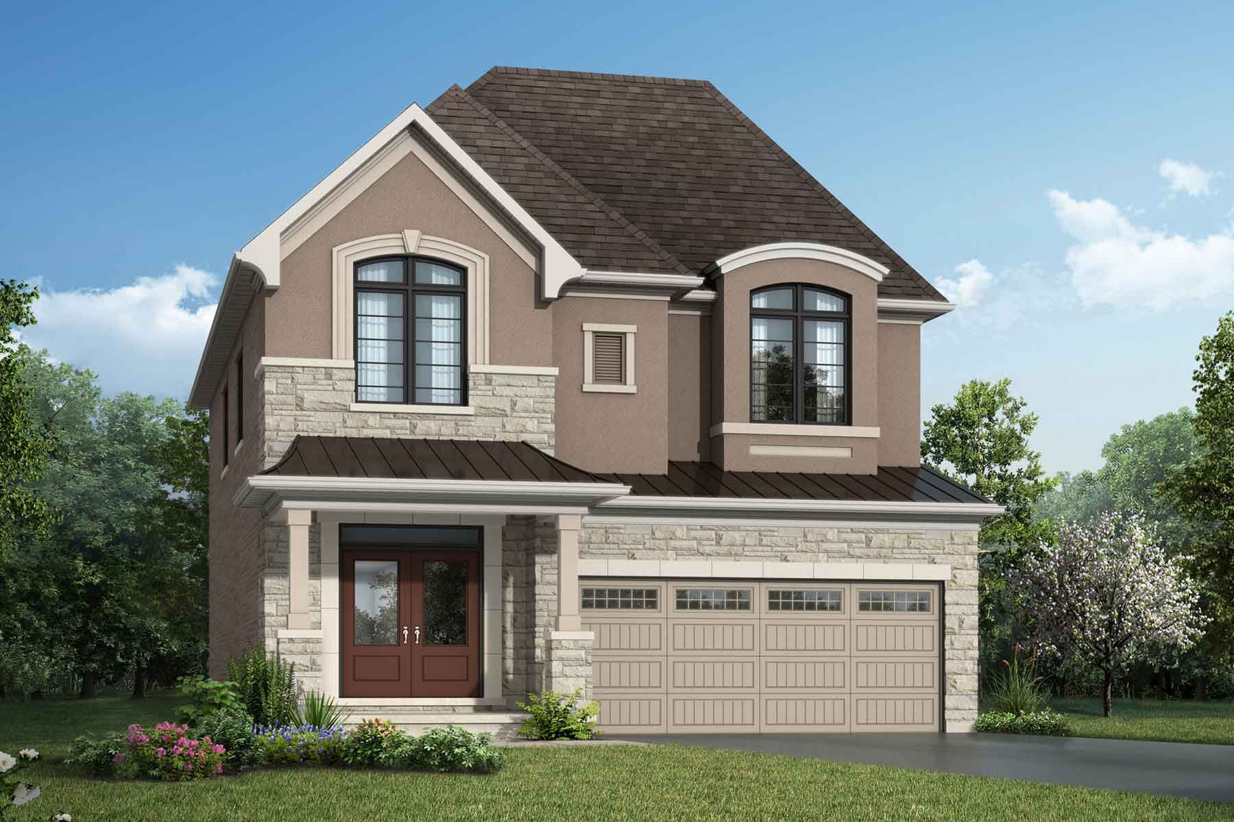  Elevation Front with window, garage, door and exterior stone