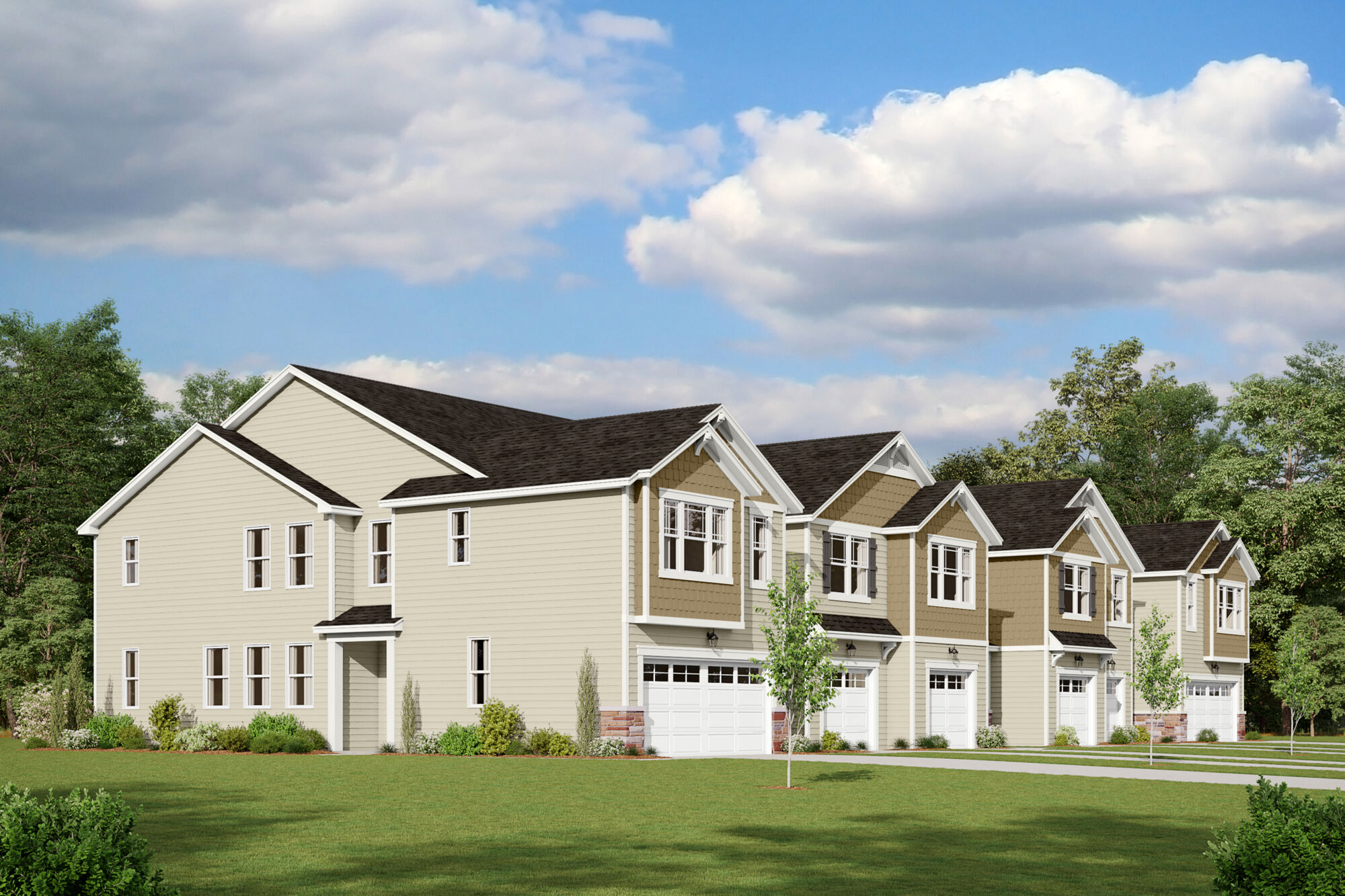  Town Homes with window, garage and exterior clapboard