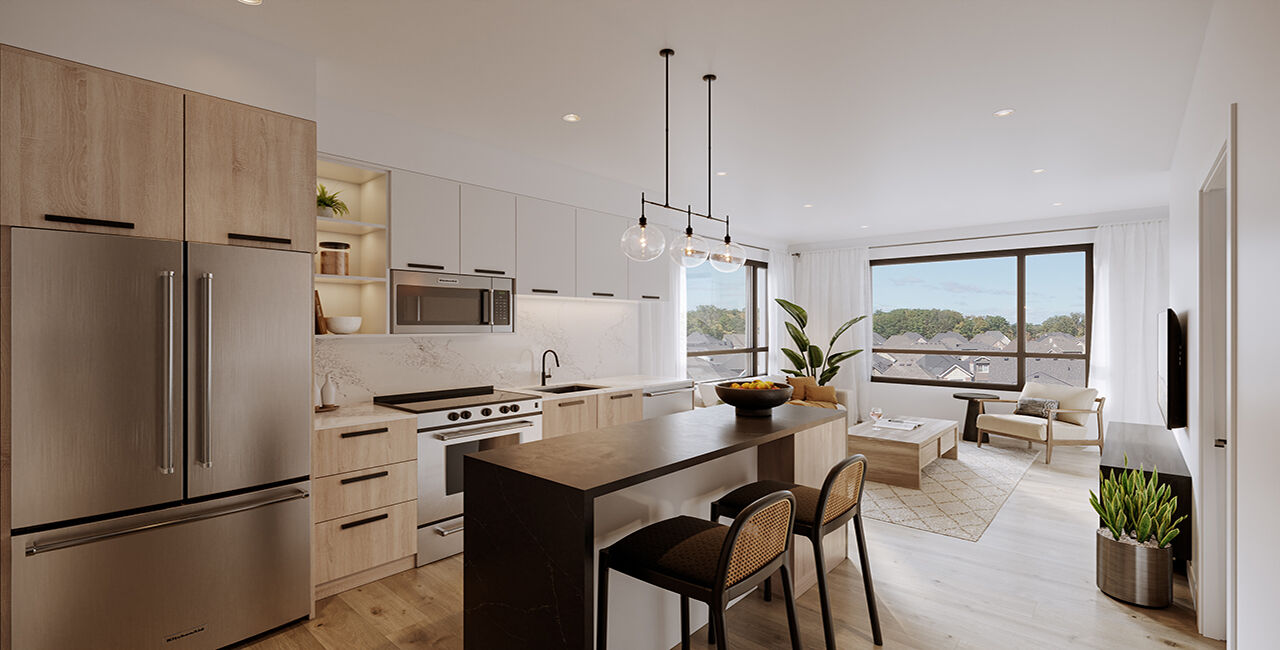 Kitchen with light wood cupboards, a small black and brown island with 2 chairs, appliances across from it with the living room just behind it with a white chair.