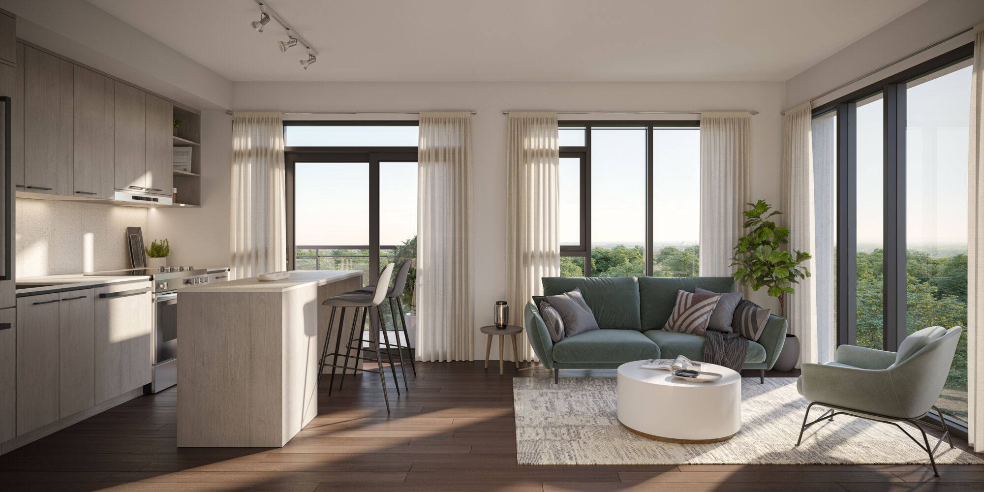 Condo living room with a white and grey kitchen to the left with neutral cupboards and a light green couch and white chair and coffee table to the right beside large door windows.