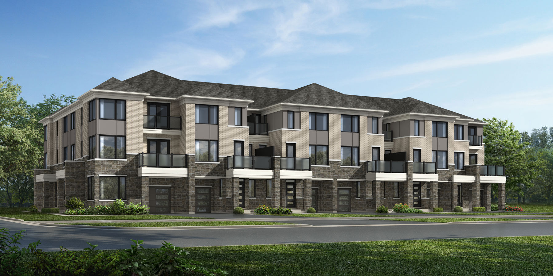 Town Homes with window, garage, door and exterior stone