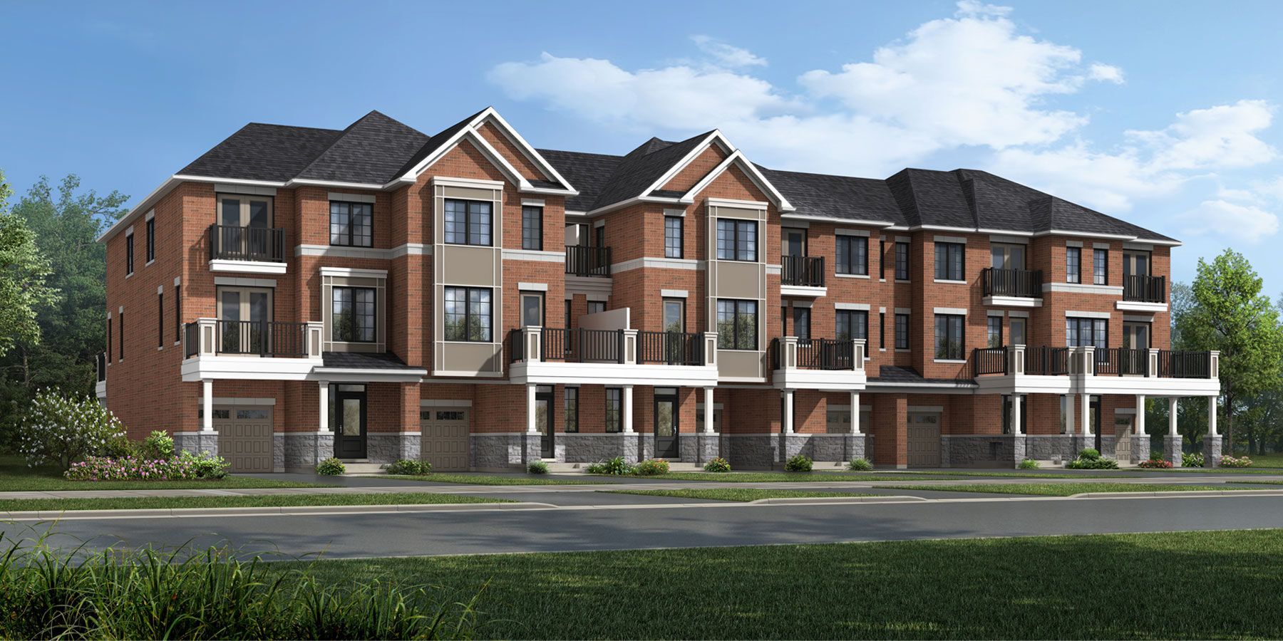  Town Homes with garage, door, window and exterior brick