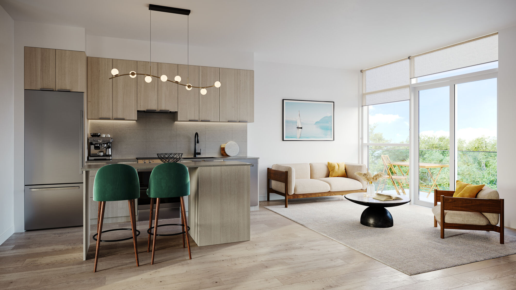 A condo kitchen with light brown cabinets beside a living room with white couch next two a sliding door. Green chairs are pulled up to the light brown island and a horizontal light fixture shines above. 