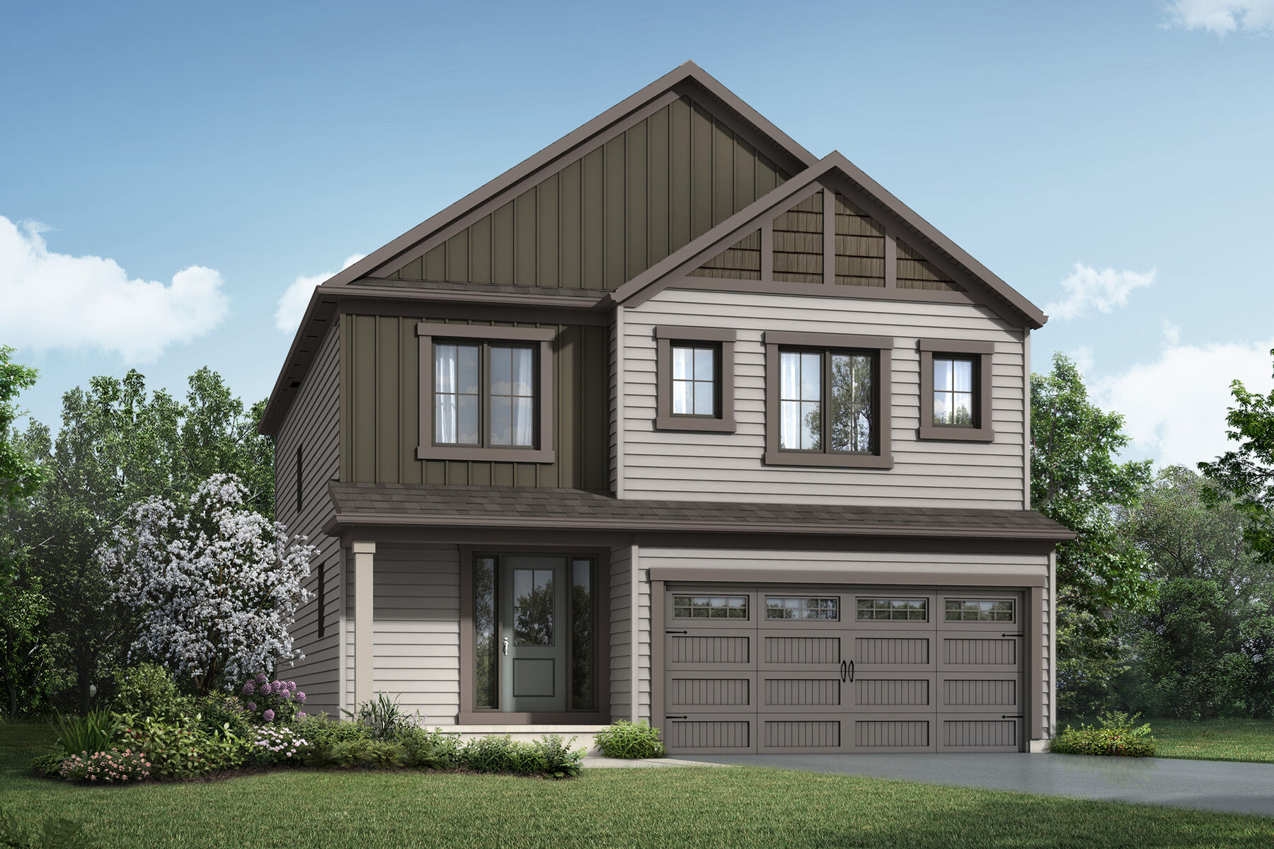 Elevation Front with garage, window, door and exterior clapboard
