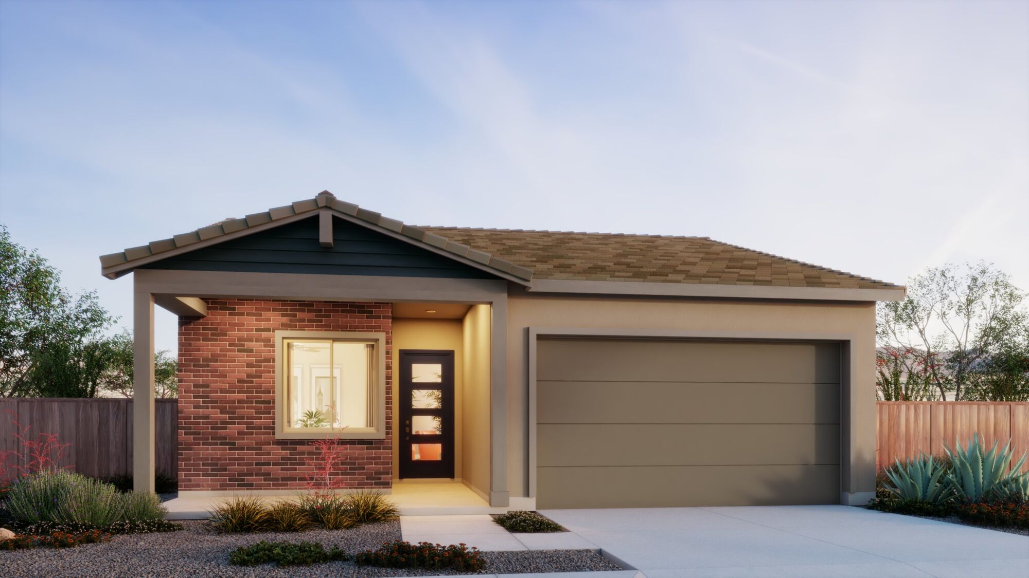  Elevation Front with garage, window, door and exterior brick