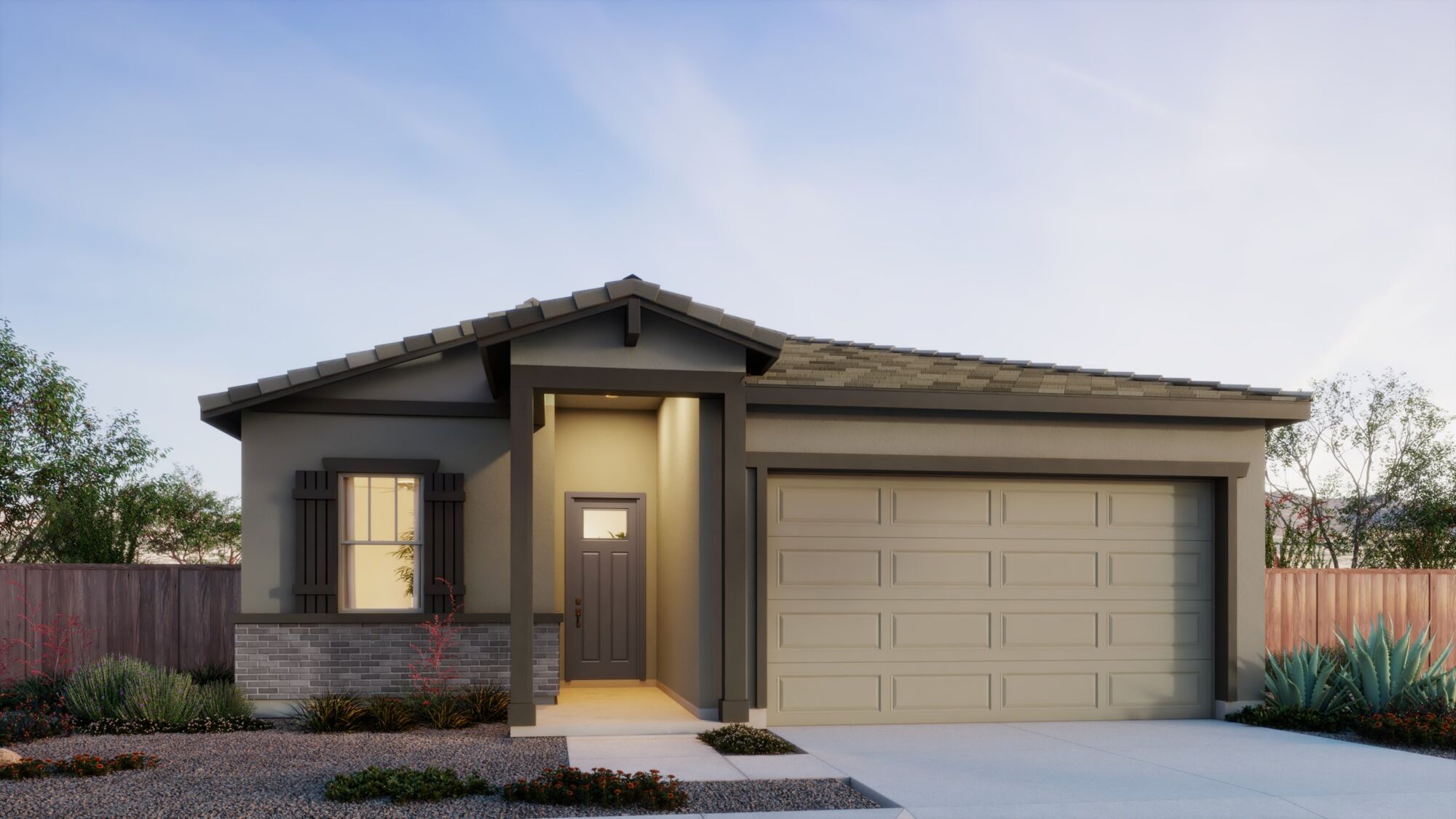  Elevation Front with window, garage, door and exterior stone
