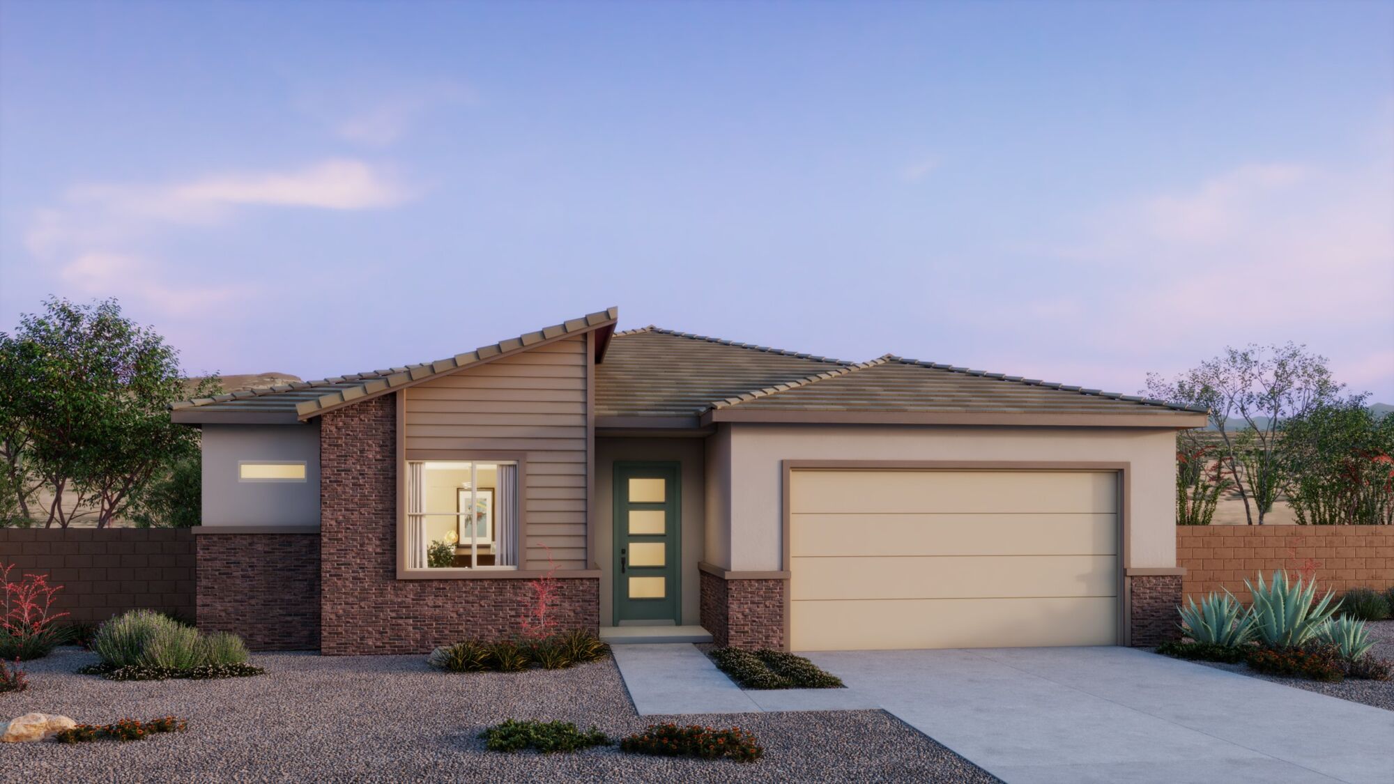  Elevation Front with garage, window, door, exterior stone, exterior brick and exterior clapboard