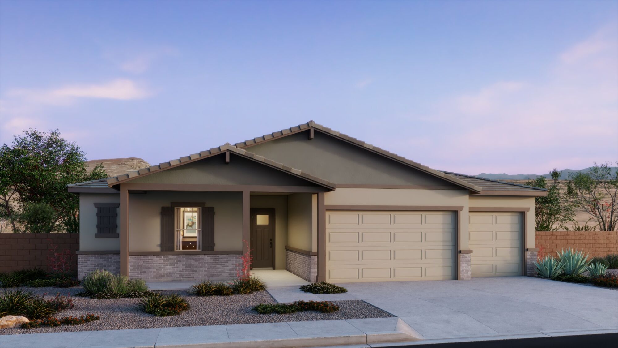  Elevation Front with garage, window, door and exterior stone