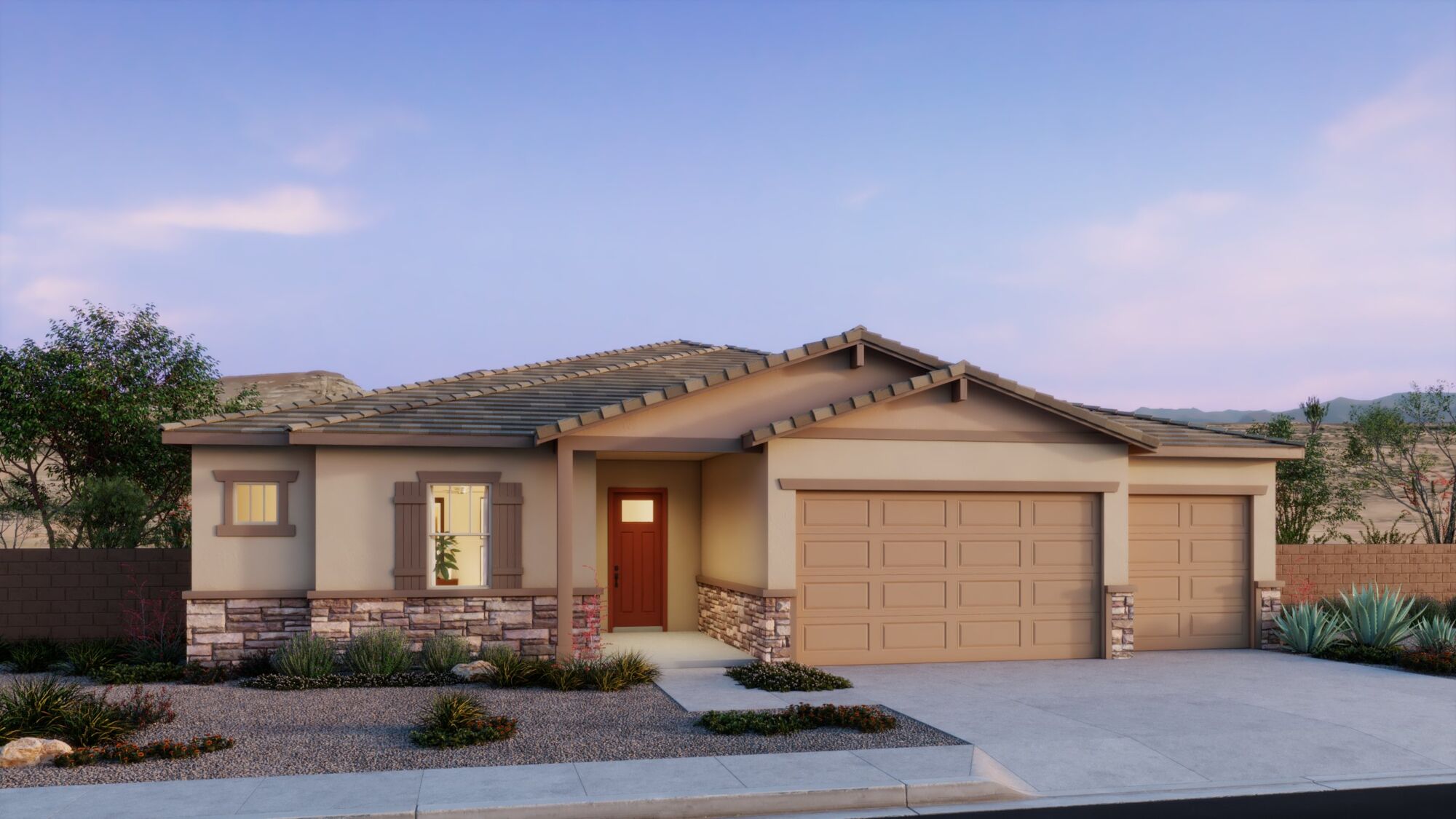  Elevation Front with garage, window, door and exterior stone