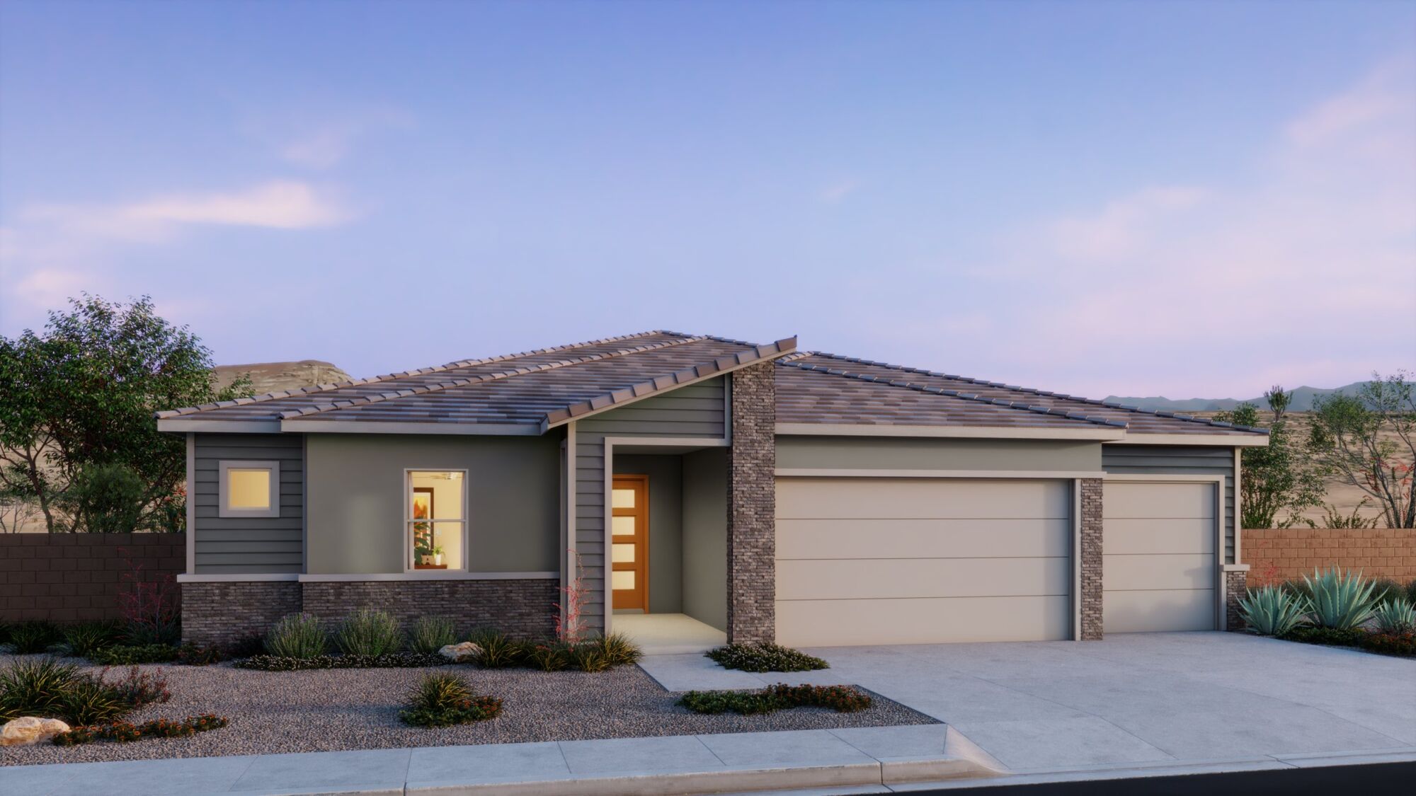  Elevation Front with garage, window, door, exterior clapboard and exterior stone