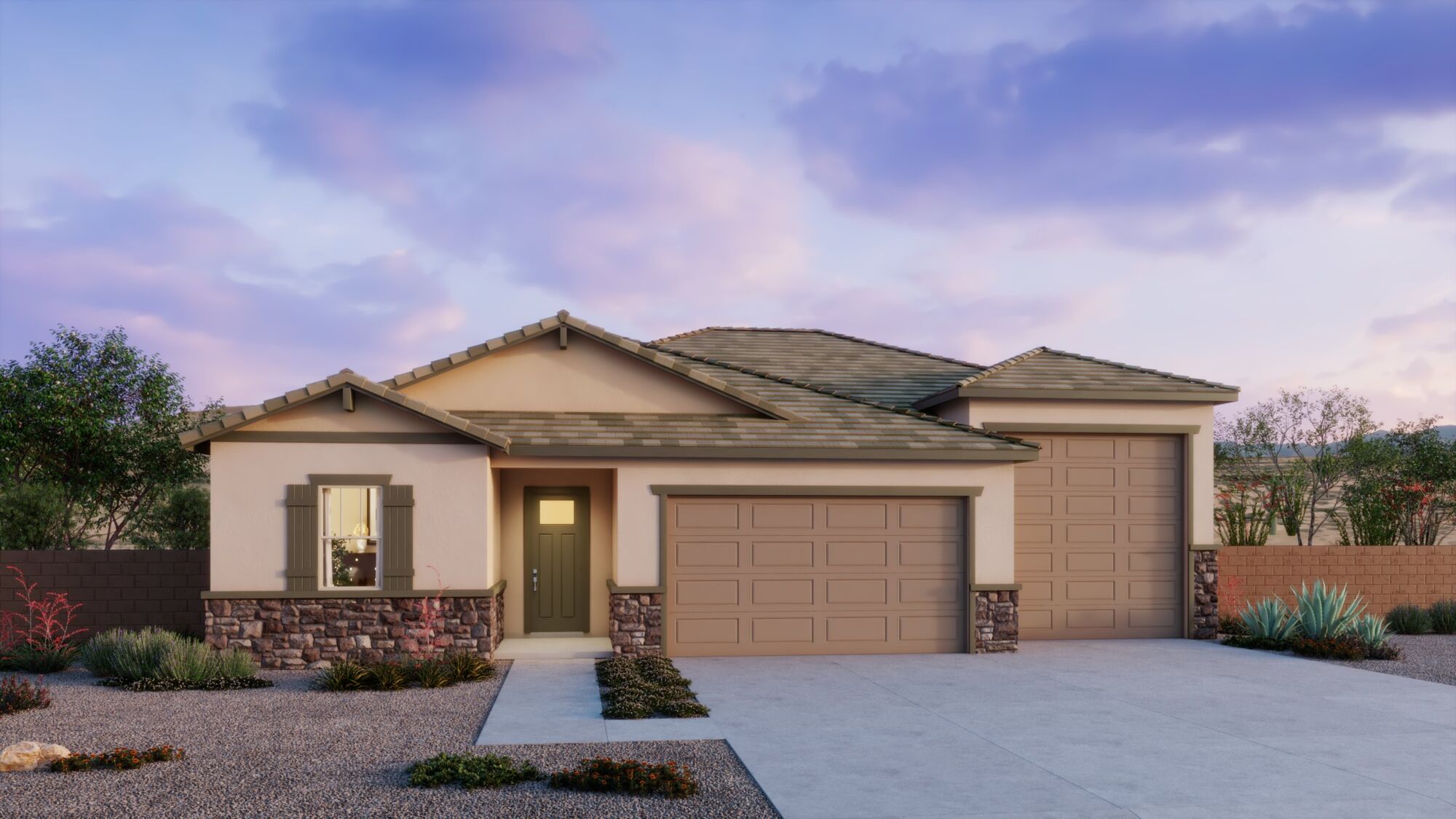  Elevation Front with garage, window, door and exterior stone