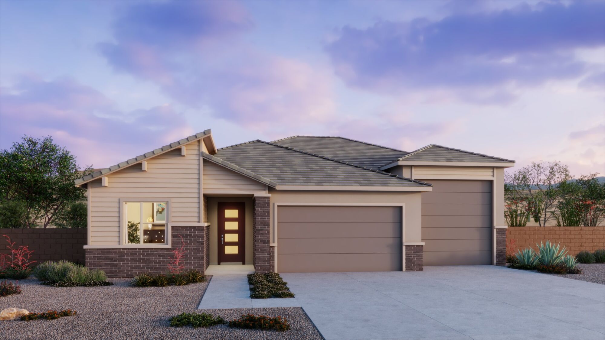 Elevation Front with garage, window, door, exterior clapboard, exterior stone and exterior brick