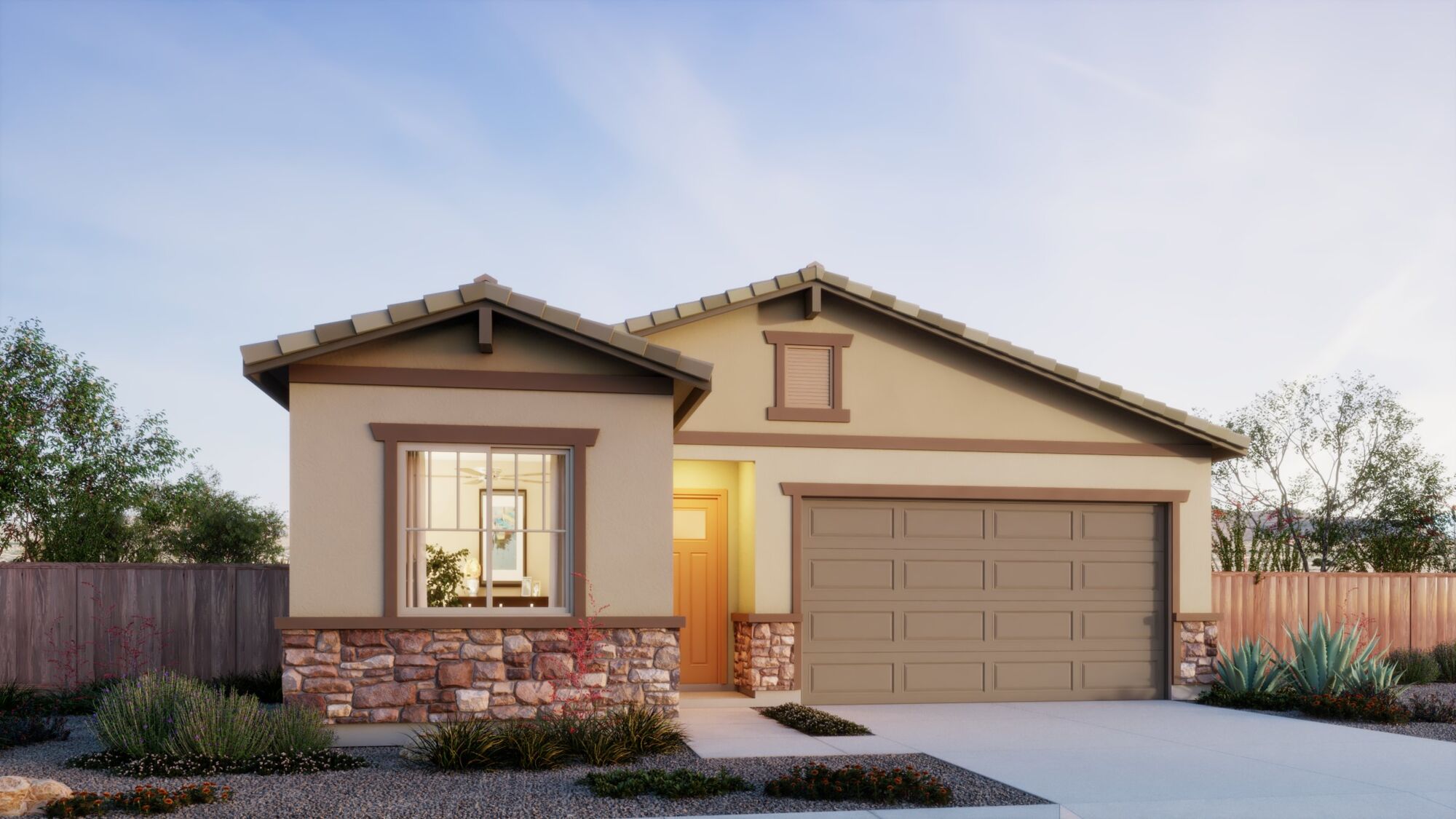  Elevation Front with window, garage, door and exterior stone