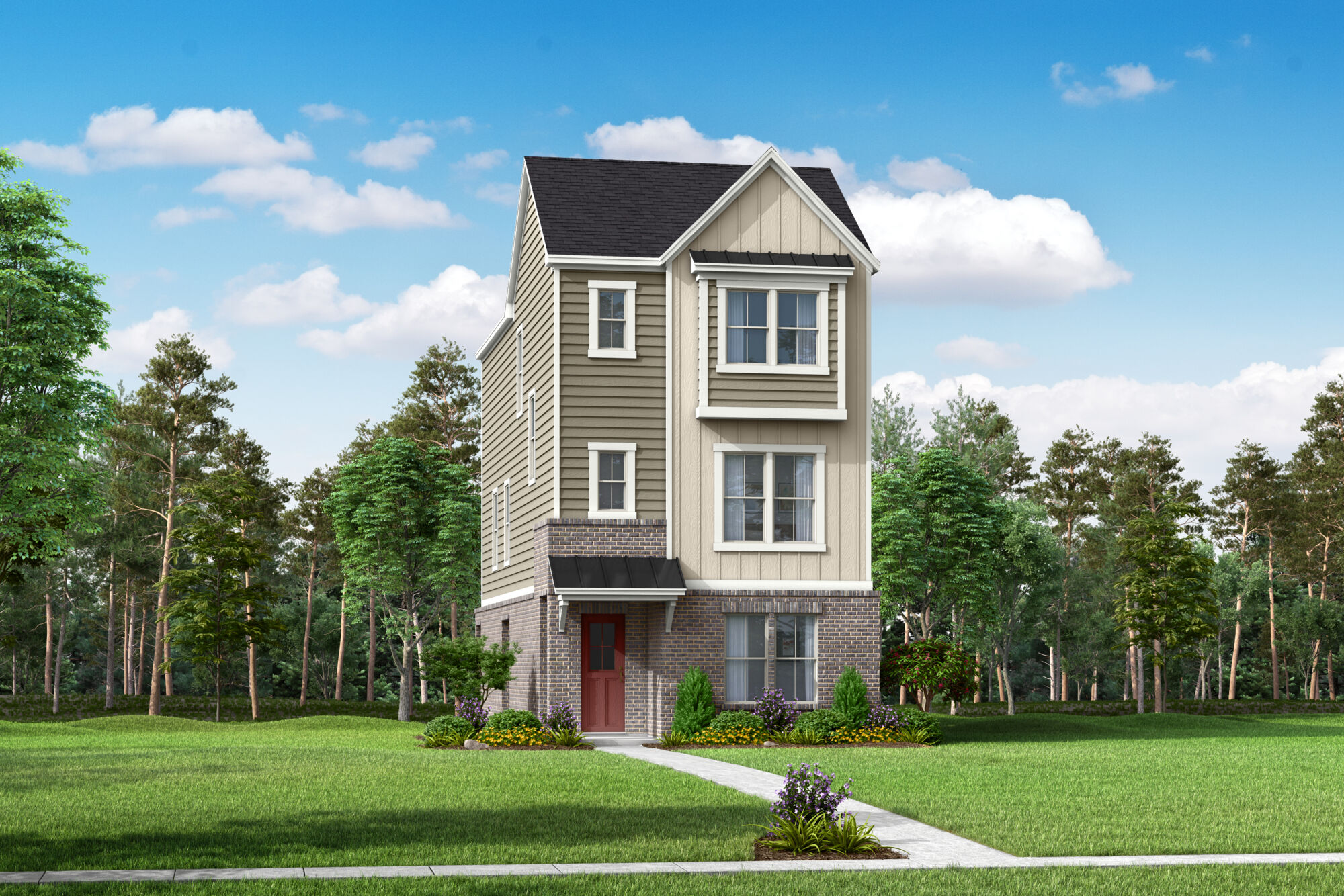 Elevation Front with door, window, exterior brick