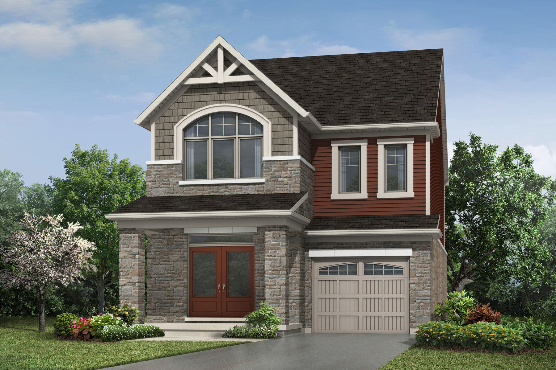  Elevation Front with garage, window, door, exterior clapboard and exterior stone