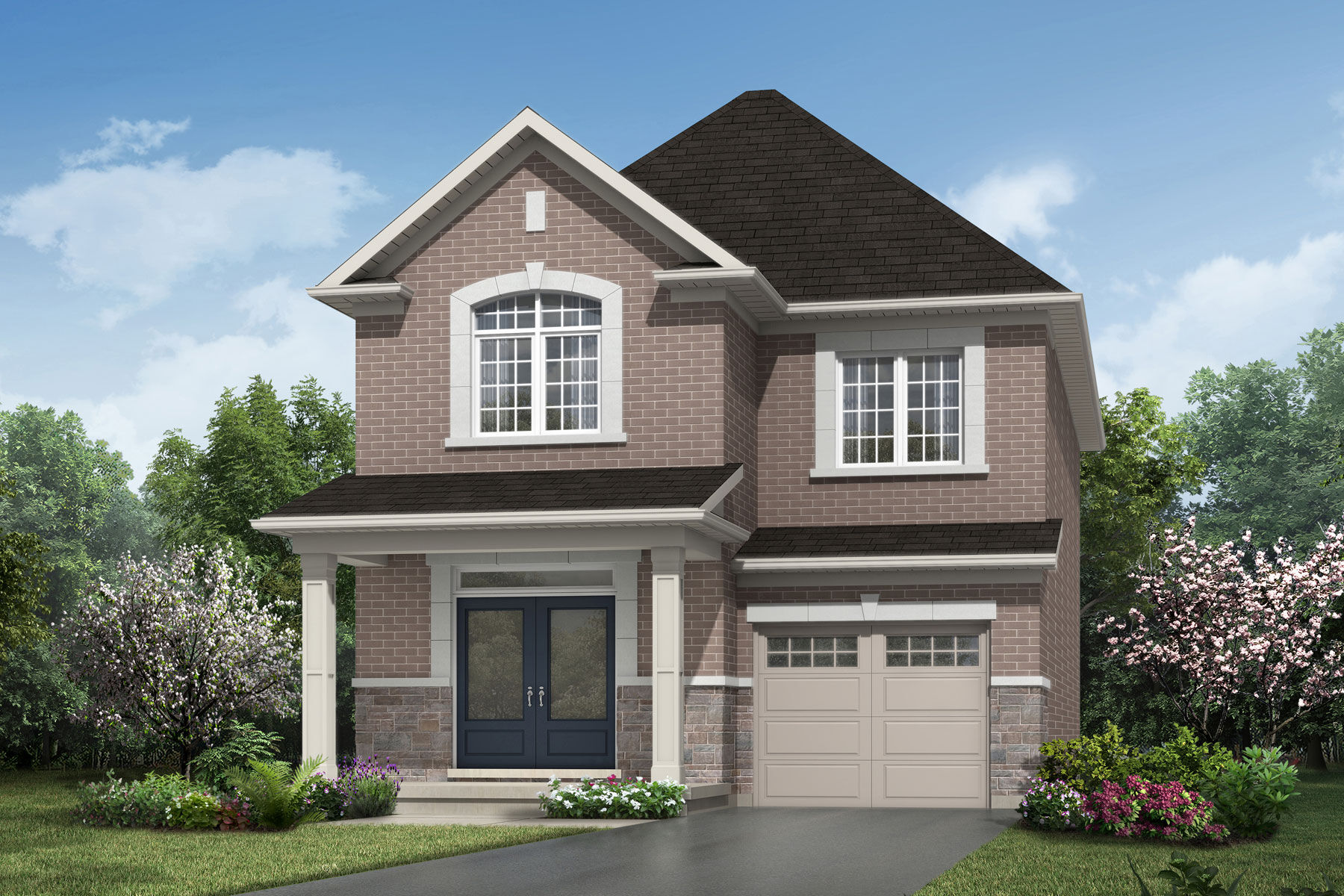  Elevation Front with window, garage, door and exterior stone