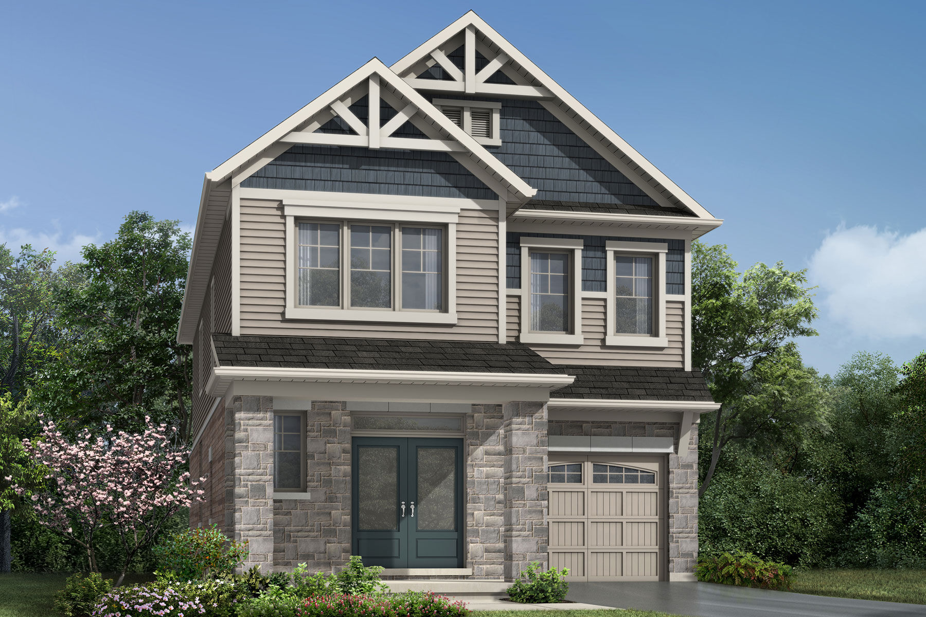  Elevation Front with garage, window, door and exterior stone
