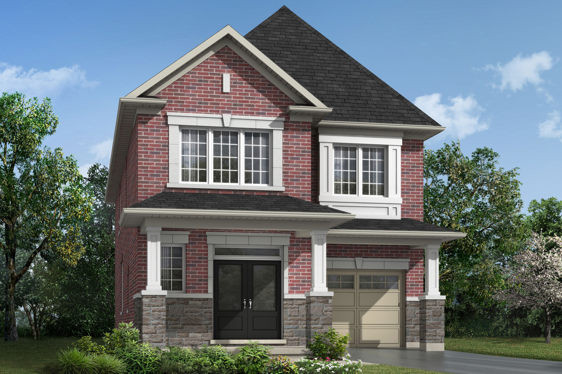  Elevation Front with window, garage, door, exterior stone and exterior brick