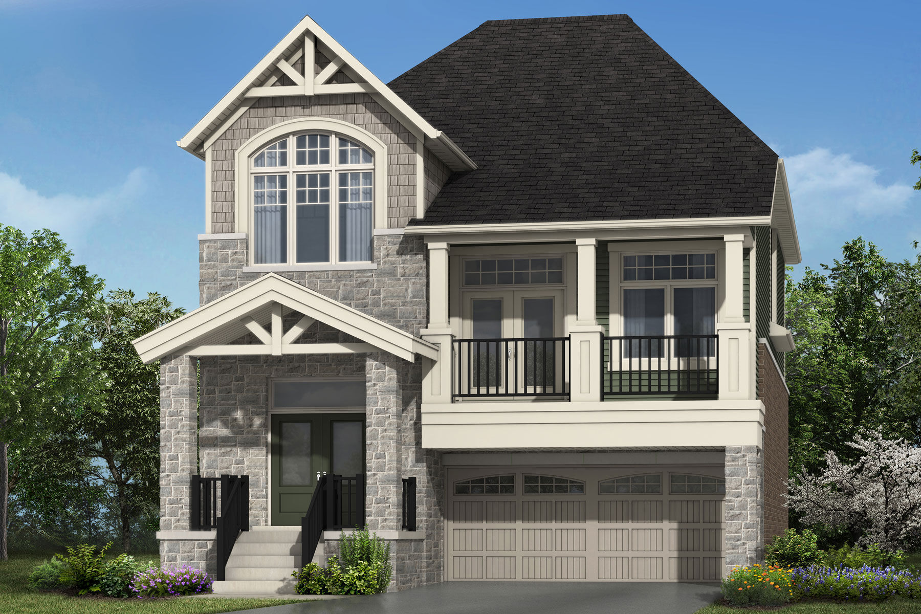  Elevation Front with window, door, garage and exterior stone