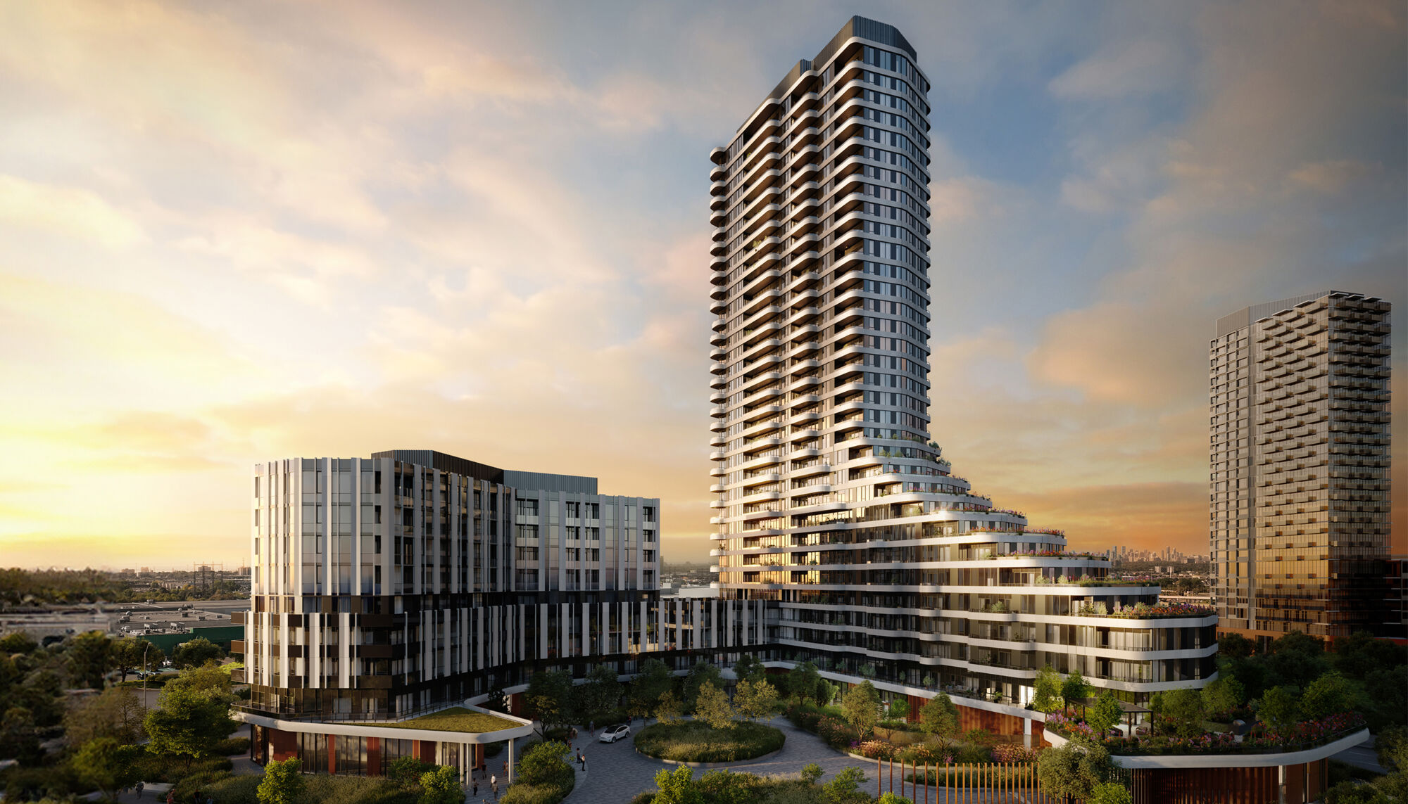 A rendering of The Clove high rise condo build when fully complete in a 'L' shape with the sun rising to the left of the building and gleaming off the building. 