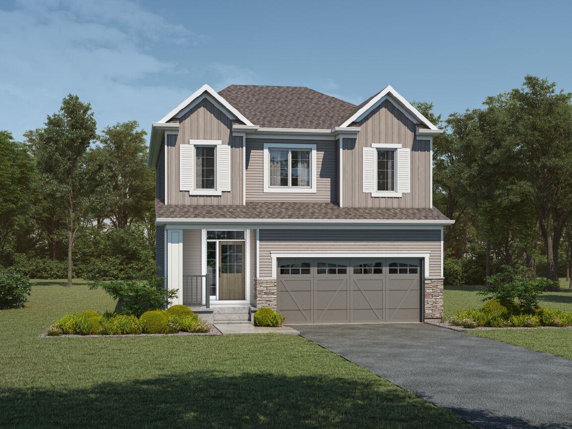 A Colonial style detached home with a double car garage.