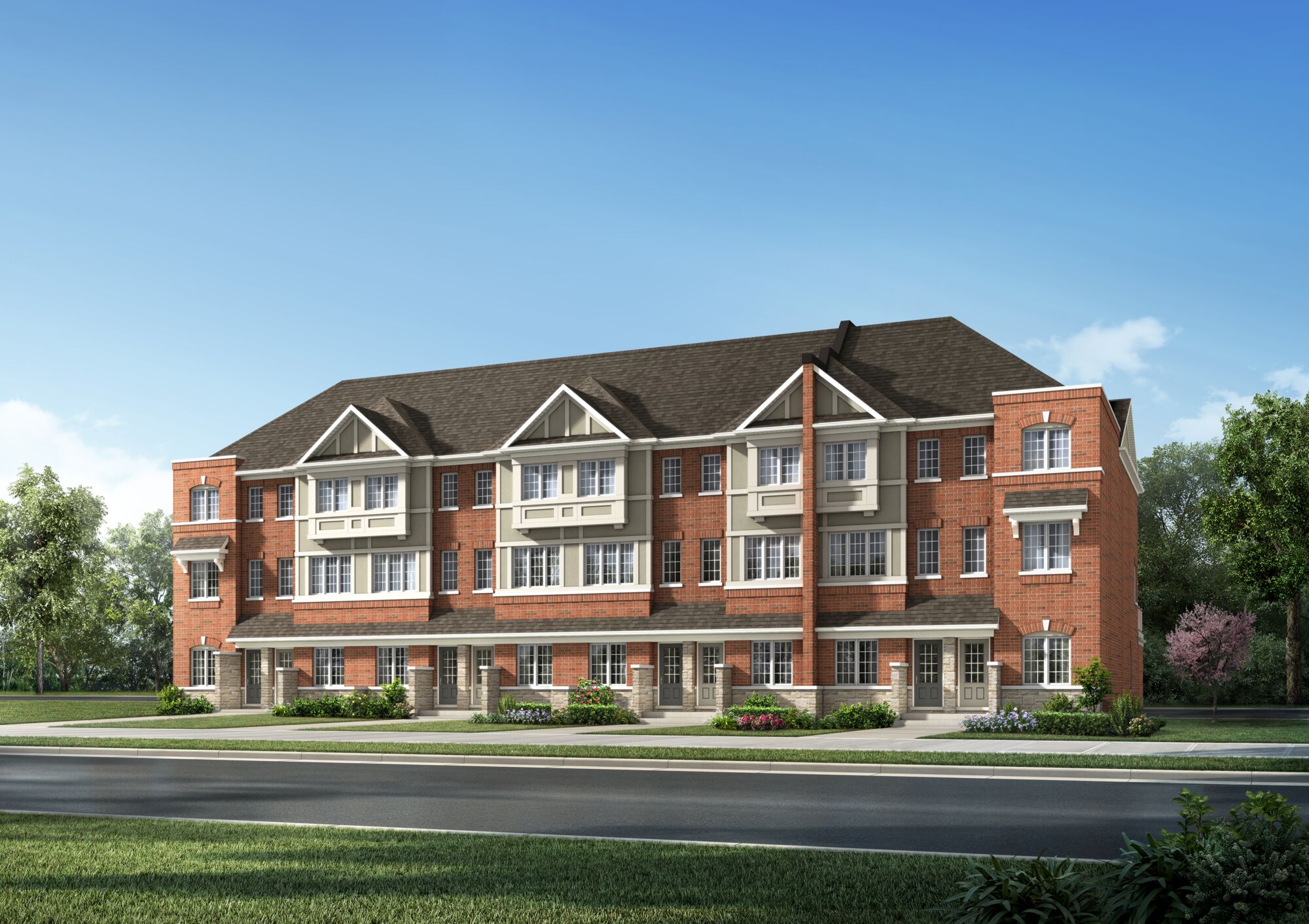 townhome exterior image of elevation with 3 stories, red brick, brown roof, lots of windows, white accents