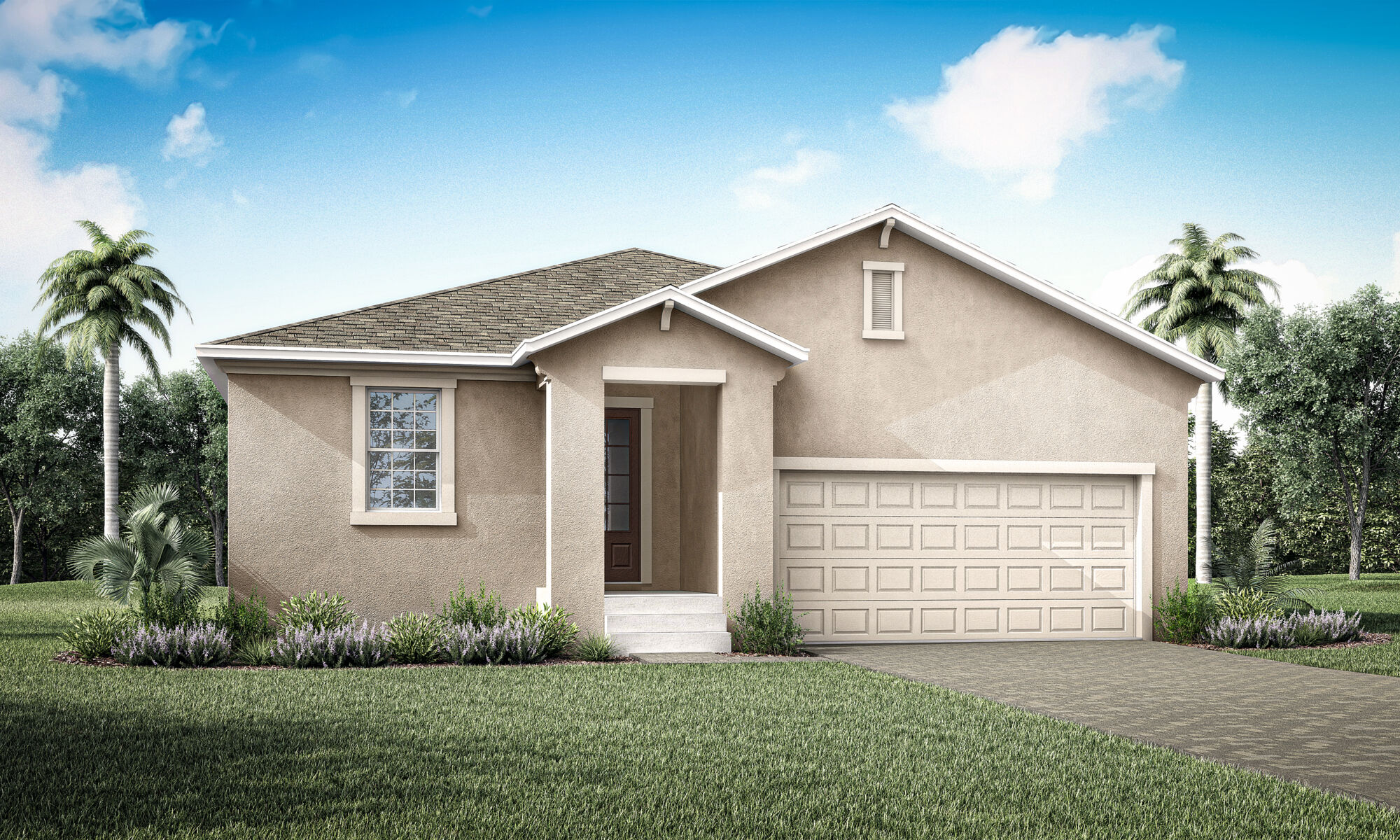  Elevation Front with garage, window, door and exterior brick