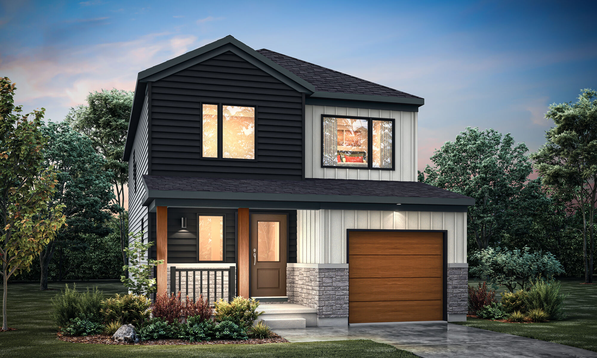  Elevation Front with garage, window, exterior stone and exterior clapboard