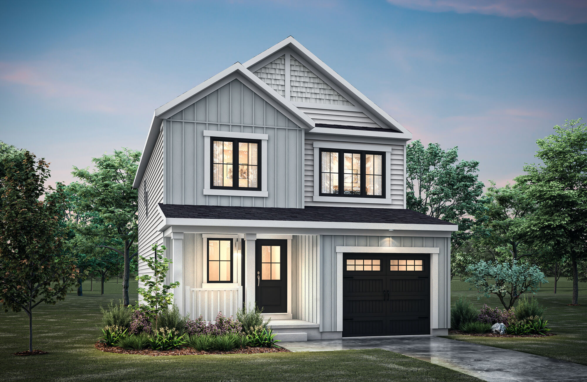  Elevation Front with garage, window, door and exterior clapboard