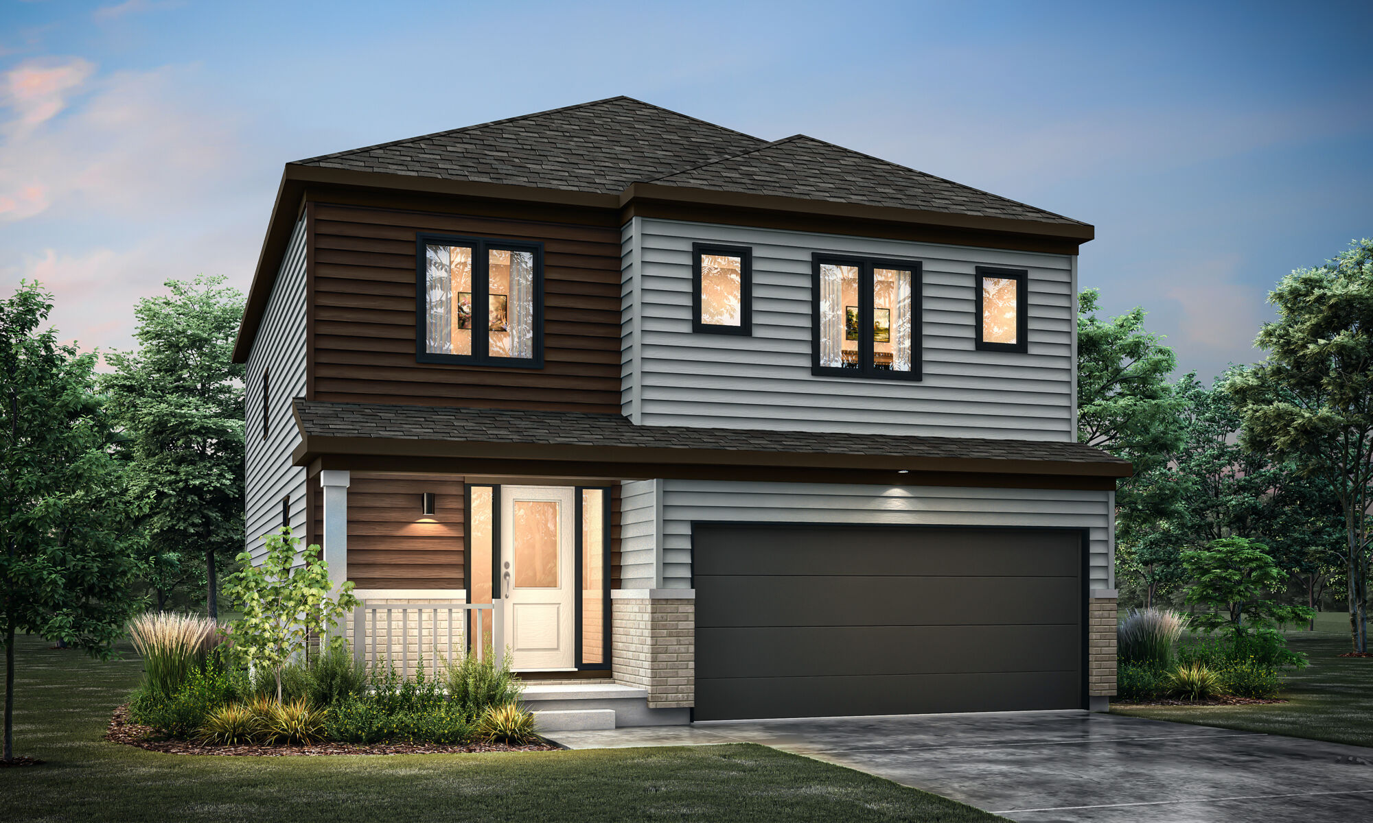  Elevation Front with garage, window, door and exterior clapboard