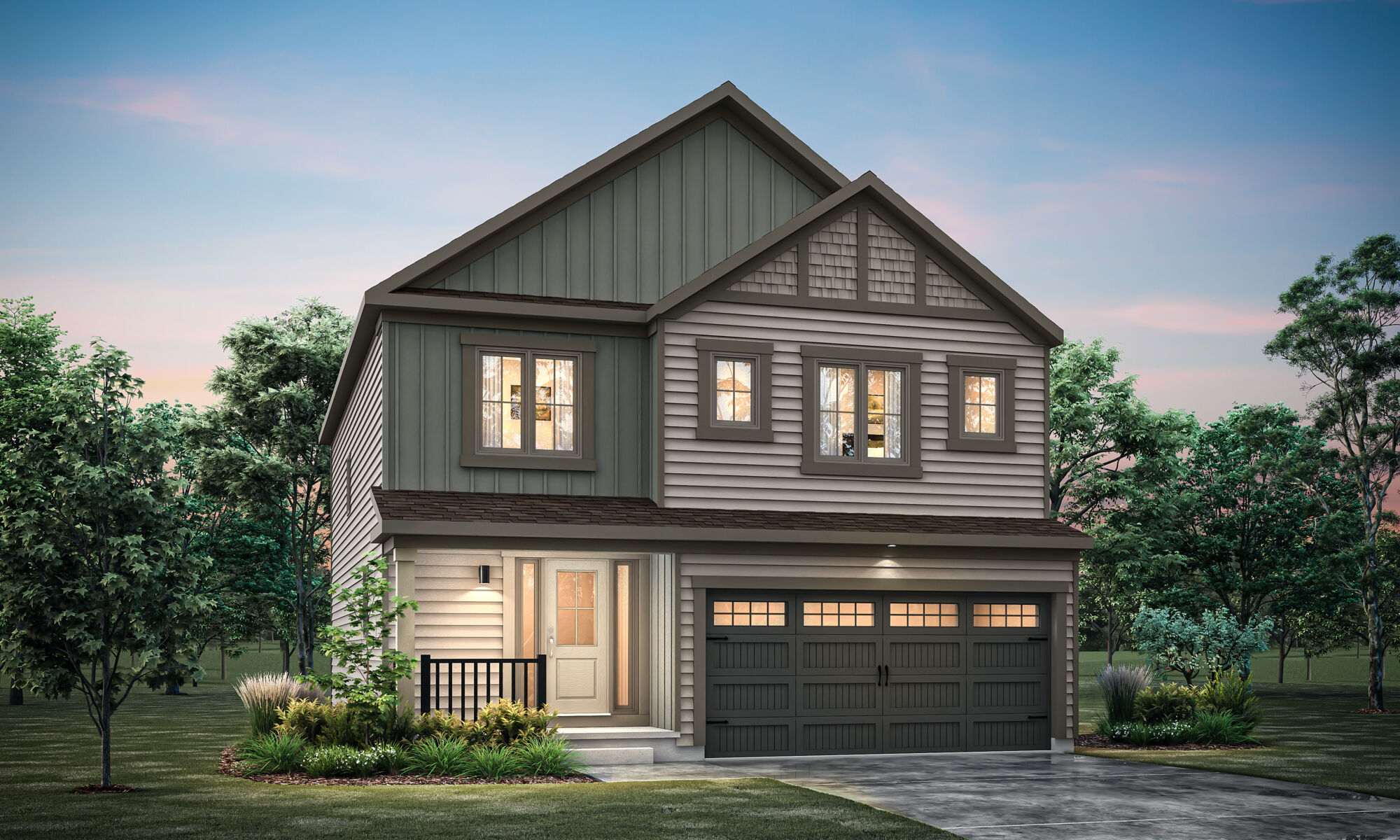  Elevation Front with garage, window, door and exterior clapboard