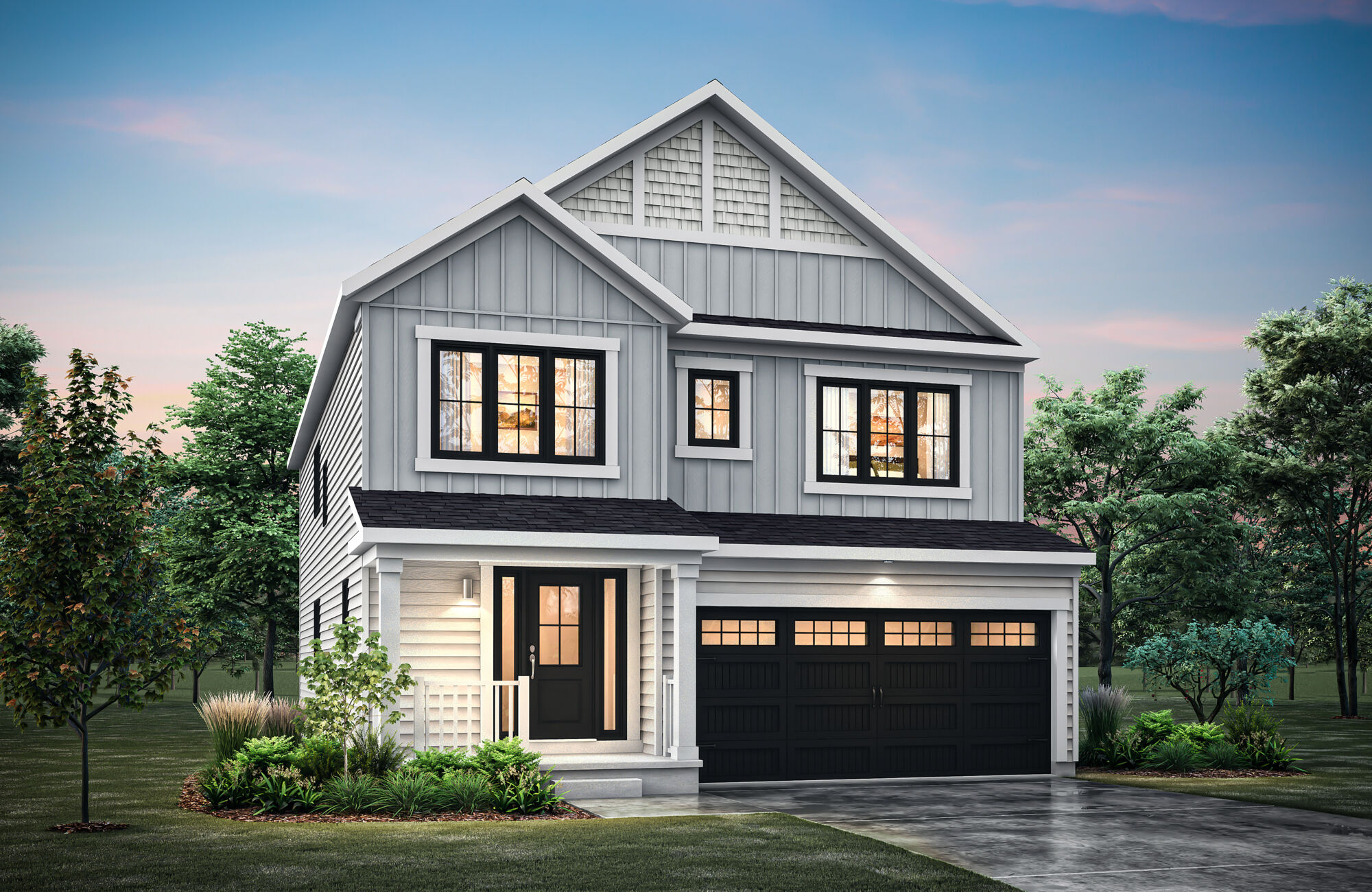 Elevation Front with window, garage, door and exterior clapboard
