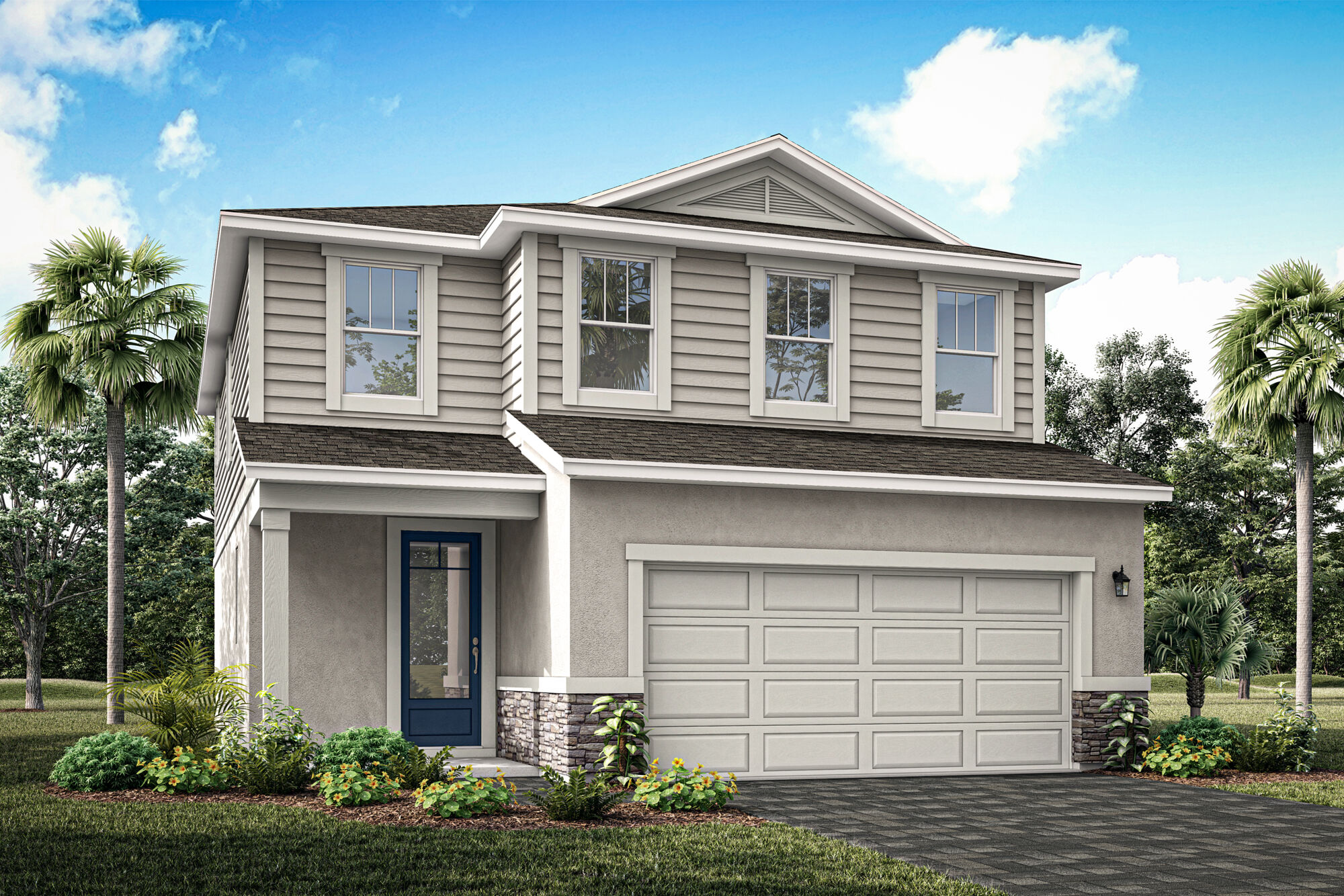  Elevation Front with garage, window, door, exterior clapboard and exterior stone